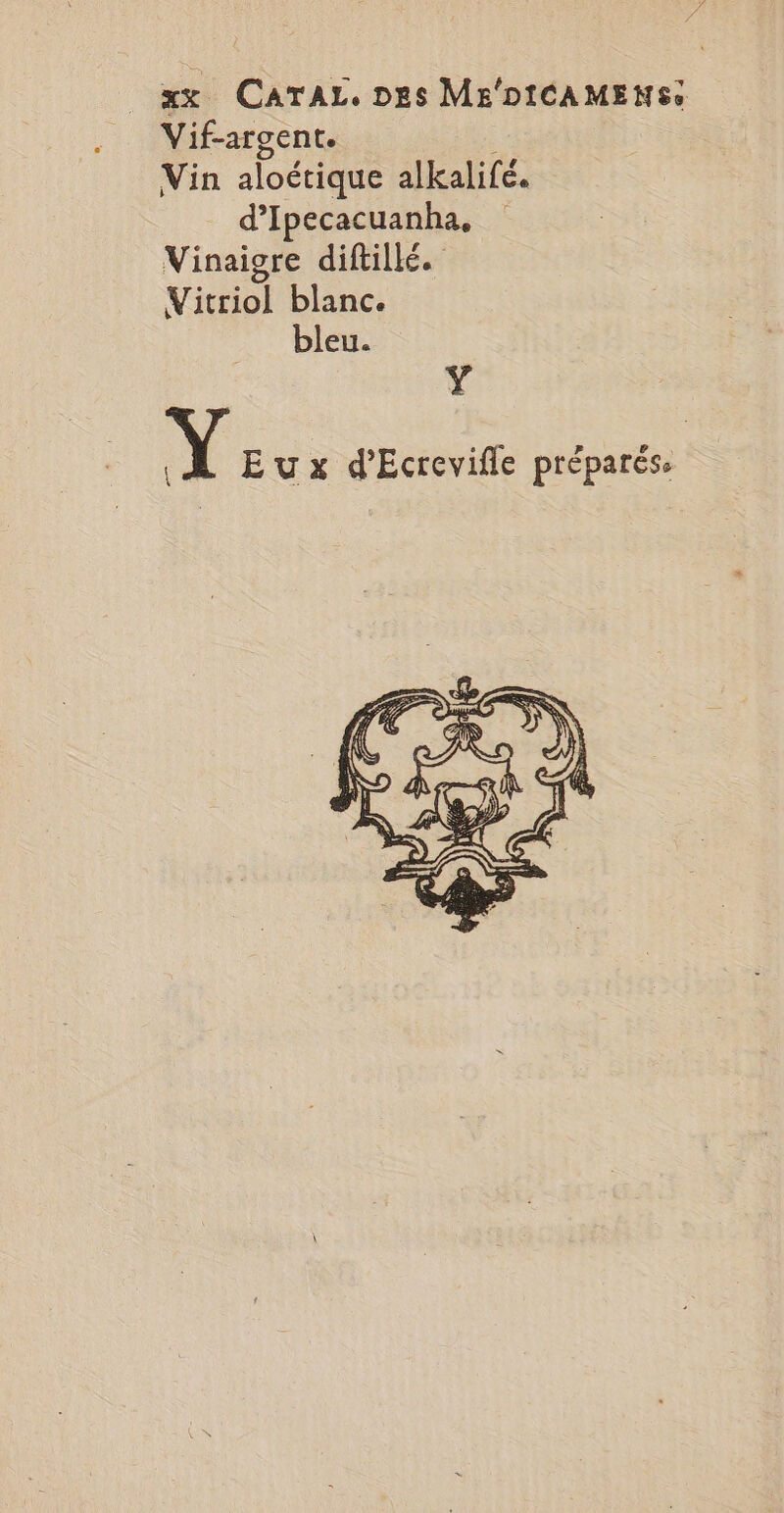Vif-argent. Vin aloétique alkalifé. d’Ipecacuanha. Vinaigre diftillé. Vitriol blanc. bleu. Ÿ Ÿ E u x d’Ecrevifle préparés.