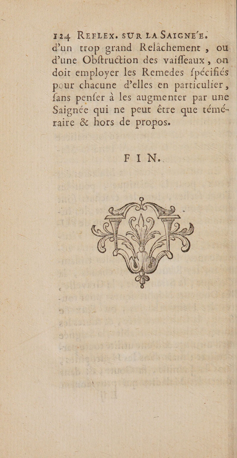 = 324 REFLEX. SUR LA SAIGNE'E, d’un trop grand Relichement , ow d’une Obibratien des vaifleaux , on doit employer les Remedes fpécifiés pour chacune d'elles en pa rticulier , {ans penfer à à les augmenter par une Saignée qui ne peut être que témé- taire &amp; hors de propos.