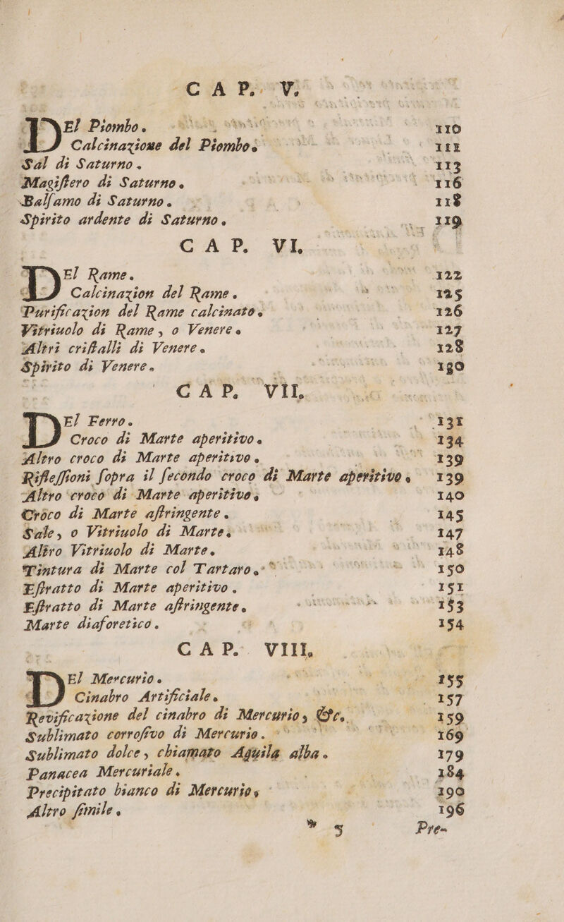 E} rabais RUE atti MI Calcinazione del Piombo + SA di Saturno. Magiffero di Saturno. -Ballamo di Saturno . Spirito ardente di Saturno. GA Pi ML E/ Rame. Calcinazion del Rame . Purificazion del Rame calcinato» Vitriuolo di Rame, 0 Venere è Altri criflall; di Venere. Spirito di Venere. CAT Vik E) Ferro. Croco di Marte aperitivo . Altro croco di Marte aperitivo. si ‘croco di Marte aperitivo. Croco di Marte aftringente . Sale, 0 Vitriuolo di Marte. ‘Alsro Vitriuolo di Marte. Tintura di Marte col Tartaro, ®© Efiratto di Marte aperitivo . Effratto di Marte afgano, Marte diaforetico . CAP. VIII, E/ Mercurio è Cinabro Artificiale. Sublimato corrofivo di Mercurio. © Sublimato dolce, chiamato Aguila alba. Panacea Mercuriale . Precipitato bianco di Mercurios Altro fimile À 110 ILE 113 116 11$ 122 125 126 “127 128 180 ‘ “190 139 140 145 147 150
