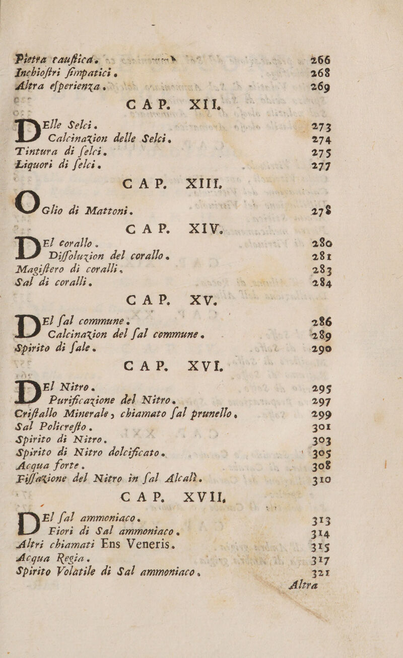 Pietra caufficde as Eos ut draft Inchioftri Fimparici è Altra efperienzas N cnrs re c A P. XII i ‘DIA Selci . Calcination delle Selci. Tintura di felci. | Liquori di felci. » CAP. XIIT, O Glio di Mattoni. CAP. XIE DE corallo . Diffoluzion del corallo, Magiflero di coralli. Sal di coralli. CAP. XV. El fal commune. , CalcinaZion del [al commune . Spirito di fale . | c° CAP AVI! El Nitro. P Purificazione del Nitro. Criflallo Minerale, chiamato [al prunello Sal Policrefto. Spirito di Nitro. Spirito di Nitro dolcificato. Acqua forte. Font del Nitro in fal Alcalì. CAP. XVII, E] fal ammoniaca. Fiori di Sal ammoniaco. Altri chiamati Ens Veneris, Acqua Regia. Spirito Volatile di Sal ammoniaro, . 266 268 269 1273 274 275 277 27$ 280 281 283 284 286 289 290 295 297 299 301 393 ‘305 308 310 313 314 315 317 321