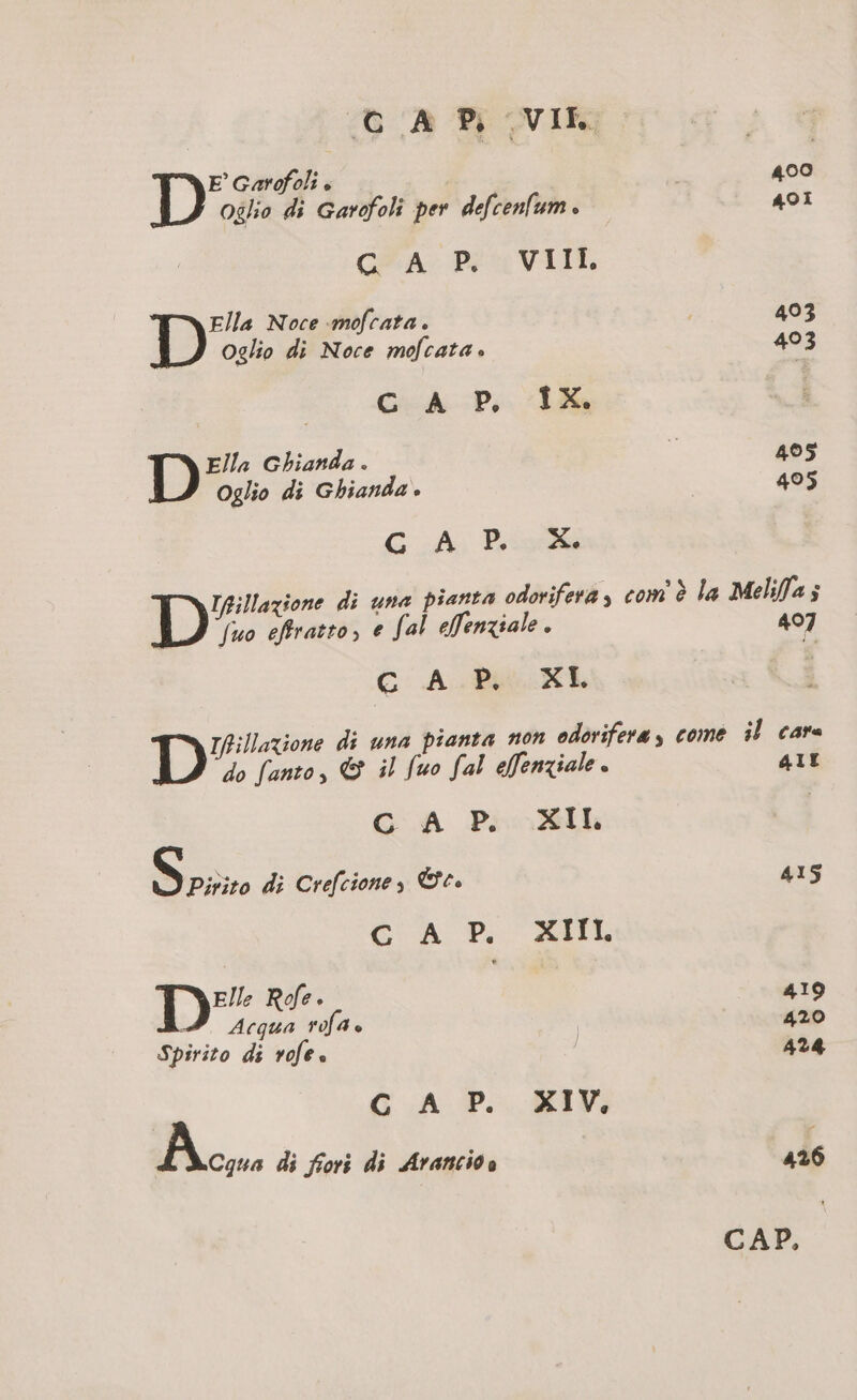 E Garofoli è 400 oglio di Garofoli per defcenfum . 491 CRA: Pie VITI DE Noce ‘mofcata | 403 Oglio di Noce mofcata. 493 __ GAP IX. | Ella Ghianda . p 405 Oglio di Ghianda. 405 G : À; Preda Ifillazione di una pianta odorifera, com'è la Melilla s LI /uo efratto, e [al effenziale . 407 C ALbe XL | IfRillazione di una pianta non odorifera, come il care do fanto, &amp; il fuo fal effenziale AIT CAP. XIL | Sie di Crefciones ©c. 415 GC A P. XIIL D Rofe. 419 Acqua rofa è 420 Spirito di rofe è | 424 G .A P.. BIN Ac di fiori di Arancioe 246