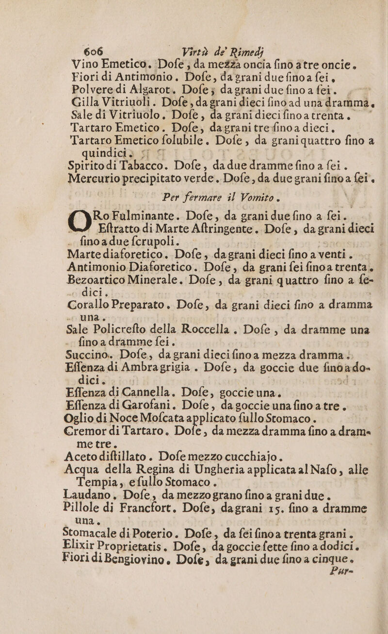 Vino Emetico. Dofe , da a oncia fino atre oncie. Fiori di Antimonio. Dole, d , da grani duefinoa fei, Polvere di Alsarot. Dofe; dagrani due fino a fei. | Gilla Vitriuoli. Dofe, da grani dieci fino ad una dramma, Sale di Vitriuolo, Dofe, da granidiecifinoatrenta. ‘ Tartaro Emetico. Dole, dagranitrefinoa dieci. Tartaro Emetico folubile . Dofe &gt; da graniquattro fino a quindici. :: © Spiritodi Tabacco. Dofe, da due dramme fino a fei . Mereurio Prosipitaro verde. Dofe, da due grani finoa ar . Per fermare il Vomito. O% Fulminante. Dofe, da grani due fino a fei. Eftratto di Marte Altringente. Dofe, da grani dieci . finoadue fcrupoli. Marte diaforetico. Dofe, da grani dieci fino a venti. Antimonio Diaforetico. Dofe, da grani {ei finoa trenta. Bezoartico Minerale. Dofe, da grani quattro fino a fe- dici, Corallo Preparato, Dofe, da grani des fino a dramma Sale 'Policcollo della Roccella . Dofe , da dramme una fino a dramme fei. Succino. Dofe, da grani dieci finoa mezza dramma. tipa: di Ambragrigia . Dofe; da goccie due cairo dici Effenza di Cannella. Dofe, goccieuna. Effenza di Garofani. Dofe, dagoccieunafinoatre. Oglio di Noce Mofcata applicato fullo Stomaco. | Cremor di Tartaro. Dofe, da mezza dramma fino a drama me tre. _ Acetodiftillato. Dofe mezzo cucchiajo. Acqua della Regina di Ungheria applicata al Nafo, alle Tempia, efullo Stomaco . Laudano. Dofe, da mezzograno fino a grani due. Pillole di Francfort. Dofe, dagrani 15. fino a dramme una. Stomacale di Poterio. Dofe, da feifinoa trenta grani. Elixir Proprietatis. Dofe, da gocciefette fino a dodici. Fiori di Bengiovino, Dofe, da grani due fino a Ne i (CA rina