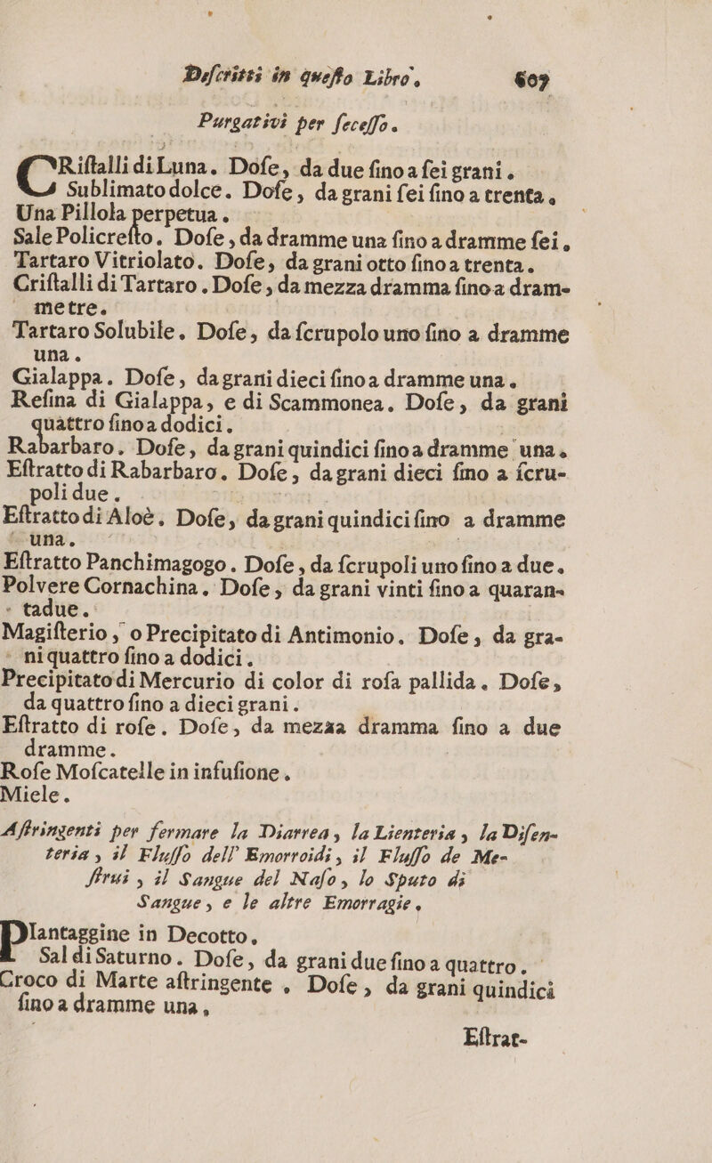 Purgarivi per fece. RiftallidiLuna. Dofe, da due fino a fei grani. Sublimato dolce. Dofe, da grani fei fino a trenta, Una Pillola sea è Sale Policrefto. Dofe , da dramme una fino a dramme fei. Tartaro Vitriolato. Dofe, da grani otto fino a trenta. Criftalli di Tartaro . Dofe , da mezza dramma fino a dram- metre. Tartaro Solubile. Dofe, da fcrupolo uno fino a dramme una. Gialappa. Dofe, dagrani dieci finoa dramme una. Refina di Gialappa, e di Scammonea. Dofe, da grani uattro fino a dodici, La Rabarbaro. Dofe, da grani quindici finoa dramme ‘una. A Rabarbaro. Dofe, da grani dieci fino a fcru- oli due. ONE Elltatto di Aloè, Dofe, dagraniquindicifino a dramme uma. | Eftratto Panchimagogo. Dofe , da fcrupoli uno fino a due. vare Cornachina. Dofe, da grani vinti fino a quaran- - tadue.: Magifterio , o Precipitato di Antimonio. Dofe, da gra- * niquattro fino a dodici. Precipitatodi Mercurio di color di rofa pallida. Dofe, da quattro fino a dieci grani. hi Eftratto di rofe. Dofe, da mezza dramma fino a due dramme. Rofe Mofcatelle in infufione. Miele. Afringenti per fermare la Diarrea, la Lienteria , la Difen- teria y il Fluffo dell Emorroidi, il Fluffo de Me- Srui , il Sangue del Nafo, lo Sputo di Sangue , e le altre Emotragie, ppantazgino in Decotto, | Sal di Saturno . Dofe, da grani duefino a quattro. Croco di Marte aftringente , Dofe, da grani quindici fino a dramme una, Eftrac-