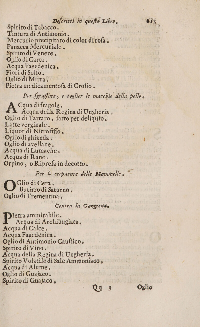 Spirito di Tabacco. Tintura di Antimonio. sa Mercurio precipitato di color dirofa è Panacea Mercuriale. Spirito di Venere, Oglio di Carta. Acqua Fasedenica, Fiori di Solfo. Oglio di Mirra. duci Pietra medicamentofa di Crolio , Gi A di fragole. Acqua della Regina di Ungheria, Oglio di Tartaro, fatto per deliquio y Latte verginale. FALSE di Nitrofiflo, Oglio dighianda. Oglio di avellane. Acqua di Lumache. Acquadi Rane, Orpino, o Riprefa in decotto. Glio di Cera. ° Butirro di Saturno , Oglio di Trementina . | Contra la Gangrena» Tetra ammitabile. Acqua di Archibugiata, Acqua di Calce. Acqua Fagedénica ; $ Oglio di Antimonio Cauftico » Spirito di Vino. Acqua della Regina di Ungheria. Spirito Volatile di Sale Ammoniaco è Acquadi Alume, Oglio di Guajaco. Spirito di Guajaco 4 SOC