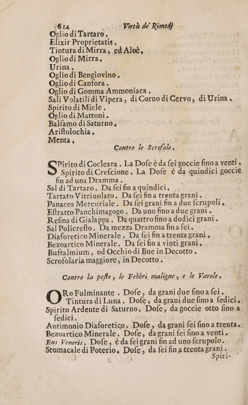 Oglio di Tartaro, Ried Elixir Proprietatis, Tinturadi Mirra; ed Aloè, Oglio di Mirra, Urina, Oglio di Bengiovino, Oglio di Canfora, Oglio di Gomma Ammoniaca, i Sali Volatili di Vipera, di Corno di Cervo, di Urina. Spirito di Miele. cs Oglio diMattoni. . Balfamo di Saturno, Ariftolochia, Menta. | Contro le Scrofole. “Pirito di Cocleara . La Dofe è da fei goccie fino a venti + Spirito di Crefcione , La Dofe è da quindici goccie fin ad una Dramma. | Sal di Tartaro. Da feifin a quindici, | Tartaro Vitriuolato. Da feifina trenta grani, Panacea Mercuriale, Da fei grani fin a due ferupoli, Eftratto Panchimagogo. Dauno fino a due grani. ; Refina di Gialappa. Da quattro fino a dodici grani. Sal Policrefto. Da mezza Dramma fina fei, Diaforetico Minerale. Da fei finatrentagrani, Bezoartico Minerale, Da fei fina vinti grani, Buftalmium, od Occhio di Bue in Decotto , Scrofolaria maggiore, in Decotto. Contro la pelle, le Febbri maligne, e le Varole è O Fulminante . Dofe, da grani due fino a fei, TinturadiLuna, Dofe, dagraniduefinoa fedici,. Fe Ardente di Saturno, Dofe, da goccie otto fino a: edici, Lu | Antimonio Diaforetico. Dofe, da grani fei fino a trenta» Bezoartico Minerale. Dofe, dagrani feifino a venti, Ens Veneris, Dofe, è da feigrani fin ad uno fcrupolo. Stomacale di Poterio, Dole, da fei fina trenta gr api } | ) ; piri» ©