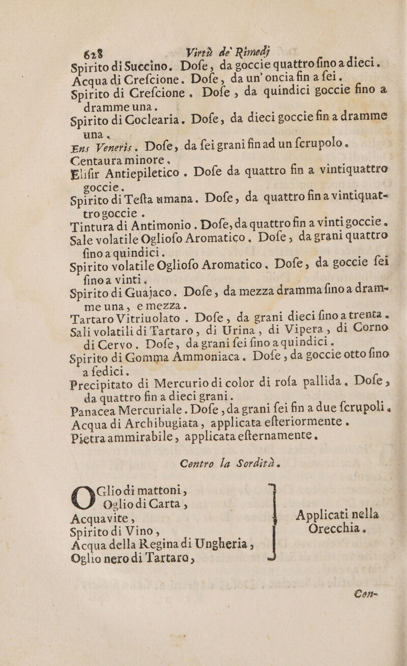 623 Vintò de’ Rimedj Spirito di Succino. Dofe, da goccie quattrofino a dieci. Acqua di Crefcione. Dofe, da un’oncia fin a fei. Spirito di Crefcione. Dofe , da quindici goccie fino à drammeuna. : Spirito di Coclearia. Dofe, da dieci goccie fin a dramme una. Ens Veneris. Dofe, da fei grani finad un ferupolo. Centaura minore . Elifir Antiepiletico . Dofe da quattro fin a vintiquattro goccie. Spirito di Tefta umana. Dofe, da quattro fina vintiquat= trogoccie . Tintura di Antimonio . Dofe, da quattro fin a vintigoccie. Sale volatile Ogliofo Aromatico. Dofe, da grani quattro fino a quindici. Spirito volatile Ogliofo Aromatico . Dofe, da goccie fei finoa vinti. Spirito di Guajaco. Dofe, da mezza dramma fino a dram- meuna, emezza. Tartaro Vitriuolato . Dofe, da grani dieci fino a trenta . Salivolatili di Tartaro, di Urina, di Vipera, di Corno di Cervo. Dofe, da grani fei fino a quindici. Spirito di Gomma Ammoniaca. Dofe , da goccie otto fino ‘afedici. Precipitato di Mercurio di color di rofa pallida. Dofe, da quattro fin a dieci grani. Panacea Mercuriale . Dofe , da grani fei fin a due fcrupoli. Acqua di Archibugiata, applicata efteriormente . Pietraammirabile, applicata efternamente. Contro la Sordità. OO: di mattoni, n Oglio di Carta , Acquavite, Applicati nella Spirito di Vino, | Orecchia. Acqua della Regina di Ungheria; Oglio nero di Tartaro, Con