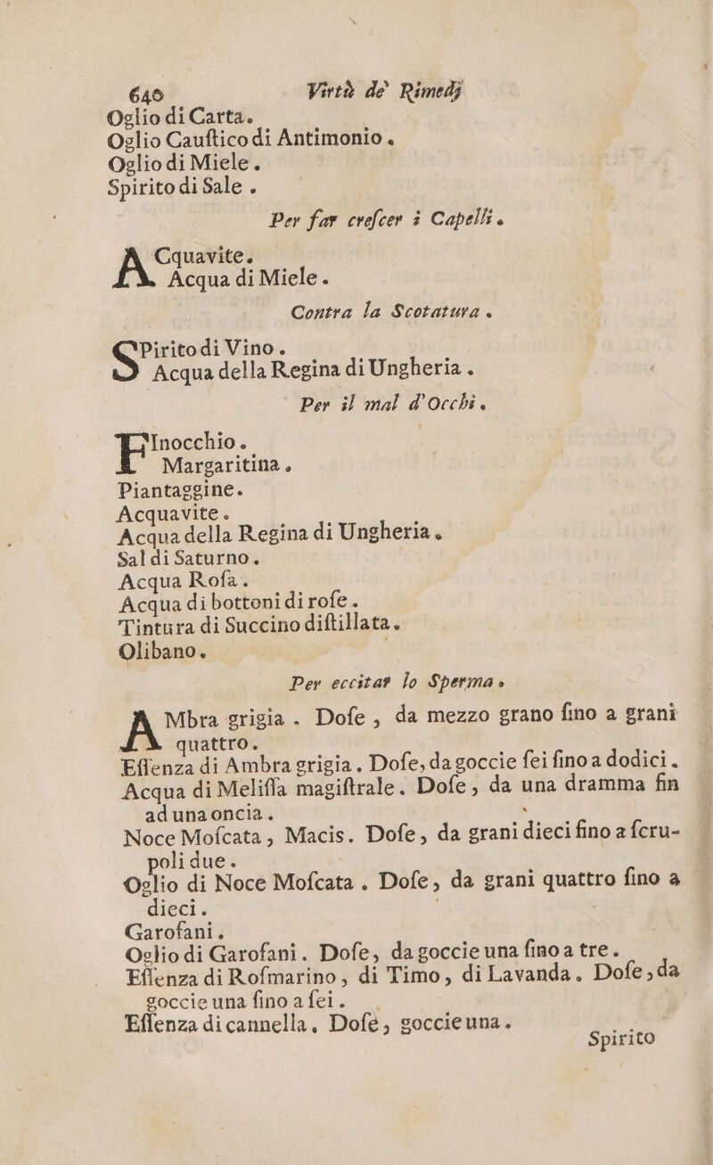 Oglio di Carta. Oglio Cauftico di Antimonio + Oglio di Miele. Spirito di Sale . Per far crefcer è Capelh. Cquavite. » Acqua di Miele. Contra la Scotatura . NÉ di Vino. Acqua della Regina di Ungheria. Per il mal d’Occhi. Inocchio. Margaritina , Piantaggine. Acquavite. Acqua della Regina di Ungheria. Sal di Saturno, Acqua Rofa. Acqua di bottoni di rofe . Tintura di Succino diftillata. Olibano. | Per eccitar lo Sperma Mbra grigia . Dofe, da mezzo grano fino a grani | quattro. Eflenza di Ambra grigia. Dofe, da goccie fei fino a dodici . Acqua di Meliffa magiftrale . Dofe, da una dramma fin adunaoncia. ‘ Noce Mofcata, Macis. Dofe, da grani dieci fino a fcru- poli due . Ì Oglio di Noce Mofcata . Dofe, da grani quattro fino 4 dieci. | Garofani. Oglio di Garofani. Dofe, da goccie una fino a tre. Eflenza di Rofmarino, di Timo, di Lavanda. Dofe;da goccieuna fino afei. . Effenza dicannella, Dofe, goccieuna. tl Spirito