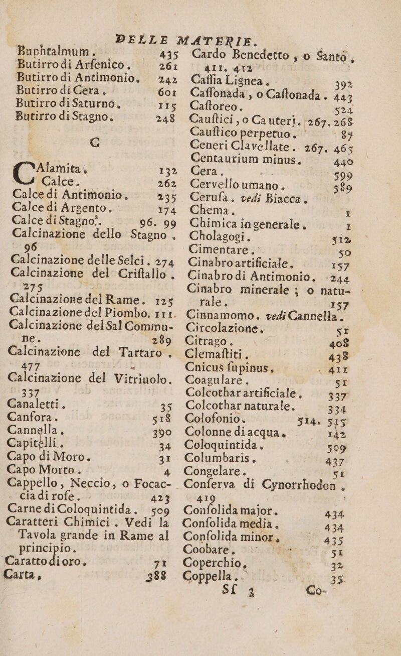 Buphtalmum. 435 Butirro di Arfenico. 261 Butirro di Antimonio. 242 Butirro di Cera. Go: Butirro di Saturno, 115 Butirro di Stagno. 248 G # YAïarnita, 132 NI Calce. 262 Calce di Antimonio, 235 Calce di Argento. 174 Calce di Stagno?. 96. 99 Calcinazione dello Stagno . 96 Calcinazione delle Selci. 274 Calcinazione del Criftallo . 275 Calcinazione del Rame. 125 Calcinazione del Sal Commu- ne. 1110089) Calcinazione del Tartaro . 477 Tg Calcinazione del Vitriuolo. 337 Ganaletti. 35 Canfora. 518 Cannella. 390 Capitelli. 34 Capo di Moro. 31 Capo Morto. 4 Cappello, Neccio, o Focac- cia di rofe. 423 Carne di Coloquintida. 509 Caratteri Chimici. Vedi la Tavola grande in Rame al principio. Caratto dioro. 71 Carta, 388 Cardo Benedetto , o Santo , 4II, 412 Caflia Lignea . 392 Caffonada , o Caftonada. 443 Caftoreo. 524 Cauftici, o Cauterj. 267,268 Cauftico perpetuo. | 83 Ceneri Clavellate. 267. 465 Centaurium minus. 440 Cera. 3. 599 Cervello umano. 5$9 Cerufa. vedi Biacca. Chema. x Chimica in generale. I Cholagogi. 512, Cimentare, . so Cinabro artificiale. 157 Cinabro di Antimonio. ‘244 Cinabro minerale ; o natu- rale, 157 Cinnamomo. vedi Cannella. Circolazione, st Citrago. 408 Clemaftiti. 438 Cnicus fupinus. | 41x Coagulare. SI Colcotharartificiale, 337 Colcothar naturale. 334 Colofonio. 514. 515 Colonne di acqua. 142 Coloquintida, 509 Columbaris. 437 Congelare. SI _ Conferva di Cynorrhodon . 419 | | Confolida major. 434 Confolida media. 434 Confolida minor, 435 Coobare. Li 51 Coperchio, 3% Coppella.. | 35. Sf à Co-
