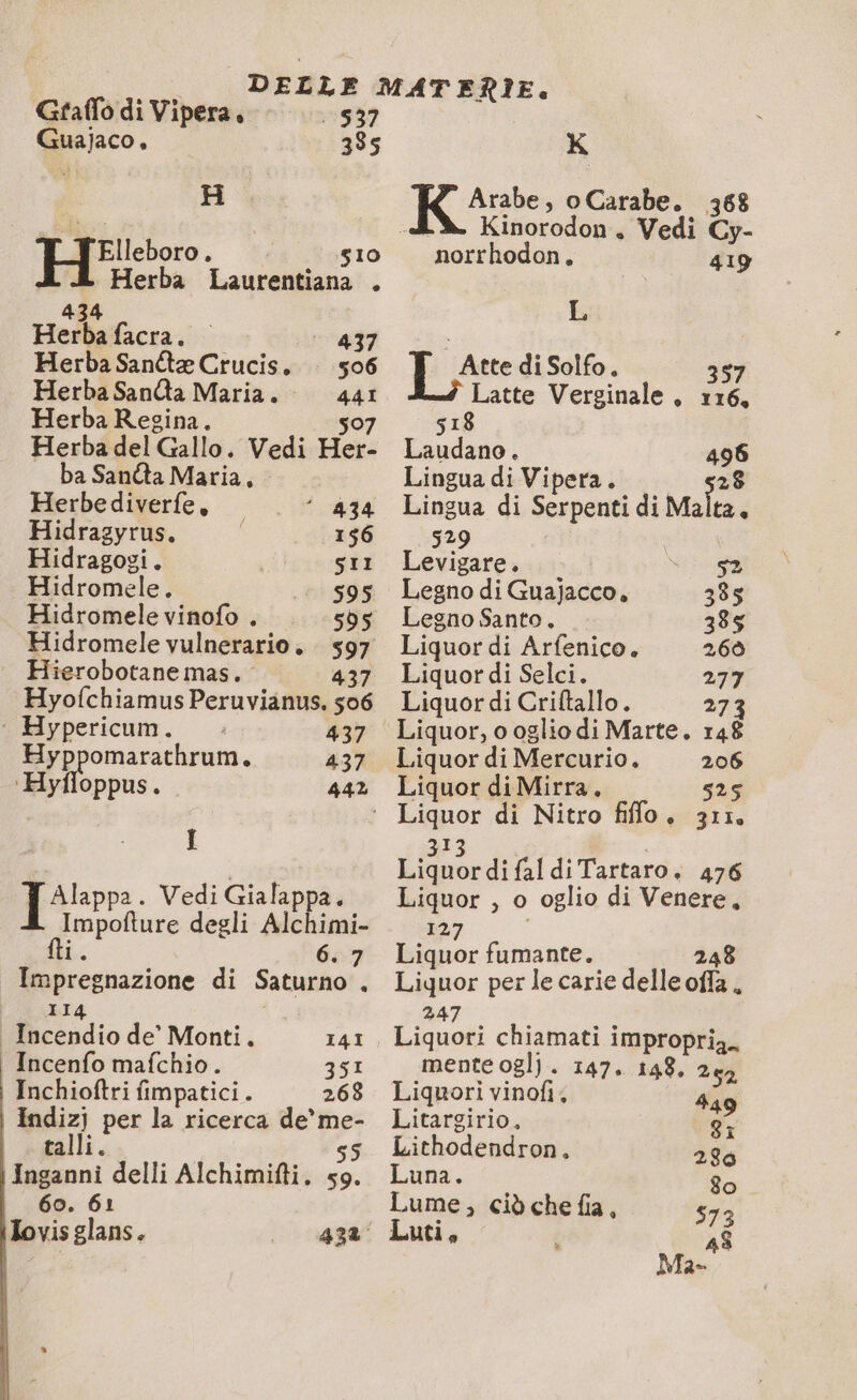 Graffo di Vipera, 537 fperaco a 385 H Elleboro i | 510 Herba Laurentiana . 434 Herba facra. 437 Herba Sana Crucis. . 506 Herba Sana Maria. cs Herba Regina. 507 Herba del Gallo. Vedi Her- ba Santa Maria, Herbediverfe, ‘ 434 Hidragyrus, 156 Hidragogi. SII Hidromele. 595 Hidromele vinofo . 595 Hidromele vulnerario è 597 Hierobotane mas. 437 Hyofchiamus Peruvianus. 506 ‘ Hypericum. 437 ie 437 yfloppus. 442 À Alappa. Vedi Gialappa. I gpolture degli Alchimi- SIA di Saturno 4 114 | Incendio de’ Monti. | Incenfo mafchio. 351 Inchioftri fimpatici . 268 pas per la ricerca de’ me- 141 0 delli Alchimifti. 5 60. 61 lovis glans. K Arabe, oCarabe. 368 Kinorodon, Vedi Cy- norrhodon, 419 L Atte di Solfo. 357 Latte Verginale, r16, 518 Laudano. 496 Lingua di Vipera. 28 Lingua di Serpenti di Malt ta. 529 Levigare. 52 Legno di Guajacco, 385 Legno Santo. 335 Liquor di Arfenico, 266 Liquor di Selci. 277 Liquor di Criftallo. 273 Liquor, o oglio di Marte. 148 Liquor di Mercurio, 206 Liquor di Mirra, 525 ii difaldiTartaro. 476 Liquor , o oglio di Venere, 127 Liquor fumante. 248 Liquor per le carie delle citi 247 Liquori chiamati impropria. mente 081). 147. 148. 252 Liquori vinofi. 449 Litargirio, 27 Lithodendron. 286 Luna. do Lume, ciò che sr 573 uti, 48