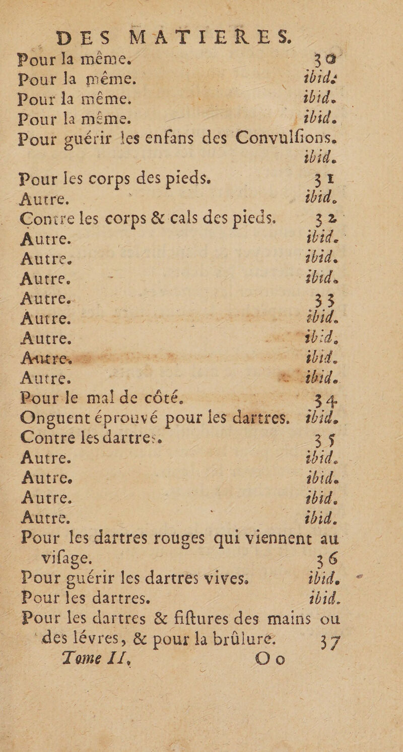 Pour la même, } 30 Pour la même. | … tbidé Pour la même. 4 20 ibid. Pour la même. :2bid. Pour guérir les enfans des Convulfions. ibid. Pour les corps des pieds. 31 Autre. . ibid. Contre les corps & cals des pieds. 32 Autre. | ibid. Autre. | 1014, fur. sbid, Autre. 33 Autre. Mani ; ibid. Autre. MES A; Autre. ed. _ Pour le mal de côté. 5 SX Onguent éprouvé pour les dartres. id. Contre les dartre:. 3 $ Autre. 1014, Autre. ibid. Autre. e, 1bid. Autre. _ sbid. Pour les dartres rouges qui viennent au vifage. 3 6 Pour guérir les dartres vives. ibid, | Pour les dartres. ibid. _ Pour les dartres & fiflures des mains ou “des lévres, & pour la brûlure. #7 Tome II, É Oo