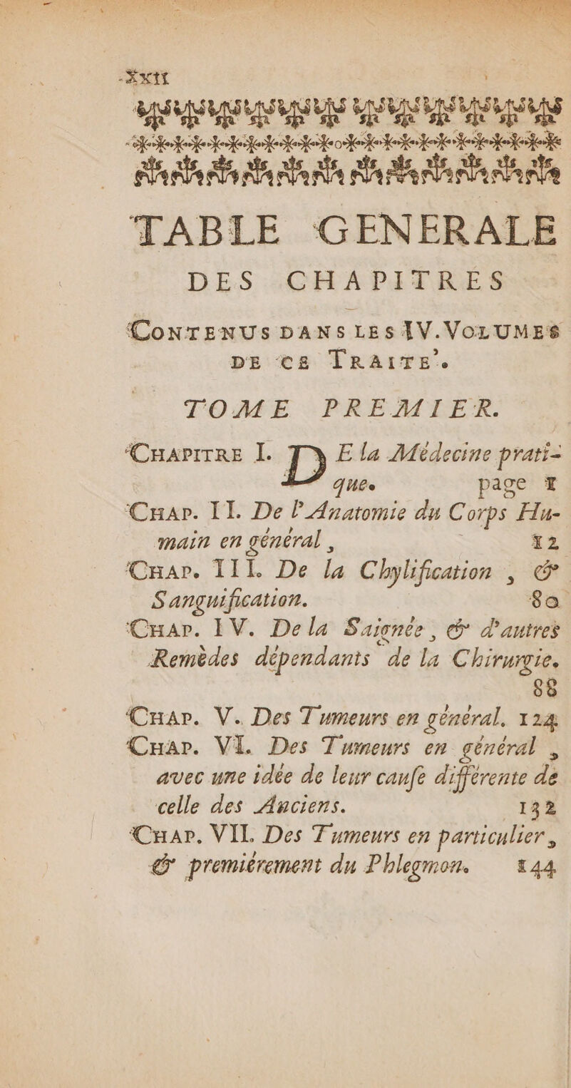 -SXI CON OENE a “tt tetoetetetetetetteteteke ae TABLE GENERALE DES :CHAPITRES ConNTENUS DANS LES IV.VOLUMES DE: ts TRALFE. TOME PREMIER. CHAPITRE I. D E la Médecine prati- ques page Cuar. II De MGR dn C 'orps Hu- main en général , 12 Cnar. TIL De la Chylification | &amp; S'anguification. 80. Car. IV. Dela Saicnée, &amp; d'autres Remèdes dépendants ge le Chirurgie. 88 Cuar. V. Des Tumeurs en général, 124 Car. VE Des Tumeurs en général , avec une idée de leur canfe différente à celle des Anciens. _ 132 Cuar. VIL Des Tumeurs en particulier, @ premiérement du Phlegmon. «44