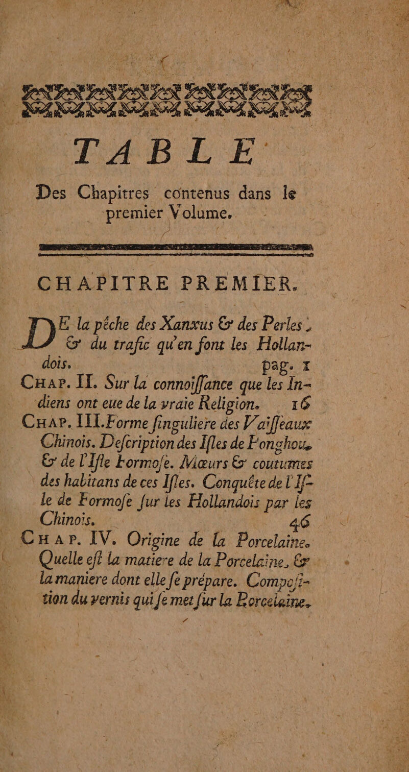 CABLE Des Chapitres contenus dans le _ premier Volume, CHAPITRE PREMIER. | dois. pag. I Char. IT. Sur la connoïfflance que les In- diens ont eue de la vraie Religion. 16 Car. [IL Forme finguliere des V'aiffeaus Chinois. Defcriprion des Ifles de Fonghou. € de l'Ifle Formofe. Mœurs &amp; coutumes des habitans de ces Îfles. Conquête de l'If- le de Formofe fur les Hollandois par les Chinois. | 46. _ CHap. IV. Origine de la Porcelaine. Quelle ef! la matiere de la Porcelaine, &amp; la maniere dont elle fe prépare. Compofi= tion du vernis qui fe met [ur la Rorcelaine. of