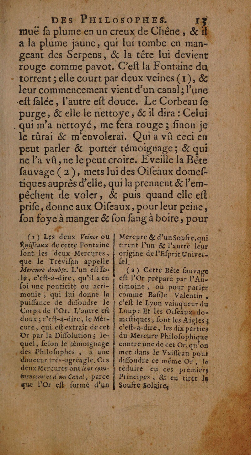 He. AE ÿ Fe vf où * DES PHILOSOPHES. 1Y mue fa plume.en un creux de Chêne, &amp;ib a la plume jaune, qui lui tombe en man- geant des Serpens, &amp; la tête lui devient rouge comme pavot. C’eft la Fontaine du torrent ; elle court par deux veines(1}), &amp; Jeur commencement vient d’un canal; l’une eft falée , l’autre eft douce. Le Corbeau fe purge, &amp; elle le PE ; &amp; il dira : Celui . qui m’a nettoyé, me fera rouge ; finor je À le tûrai &amp; m'envolerai. Quia vû cecien &amp; peut parler &amp; porter témoignage; &amp; qui Û ne l’a vû, ne le peut croire. Eveille Ja Bête fauvage ( 2), mets lui des Oifeaux domef- _ tiques auprès d’elie, qui la prennent &amp; lem- _pêchent de voler, &amp; puis quand elle eft | prife, donne aux Oifeaux, pour leur peine, 4 fon foye à manger &amp; fon fang à boire, pour | # M (r) Les deux Vesnes ou Ruilcaux de cette Fontaine font les deux Mercures, que le Trévifan appelle Mercure double. L'un eft fa- lé, c’eft-a-dire, qu'il aen foi une ponticité ou acri- monie , qui lui donne Îa ‘puiffance de difloudre le Corps de POr. L'autre cf doux ; c’eft-à-dire, le Mér- cure, qui eftextrait de cet Or par la Diflolution; le- quel, felon le témoignage . des Philofophes ; a une _ deux Mercures ont lésr com- foencemint d’un Canal, parce -gu l’Or db formé d'un Mercure &amp; d’unSoufre,qui tirent l’un &amp; l’autre leur el comme Bafle Valentin, c’eft le Lyon vainqueur du c’elt-a-dire, les dix parties contre une de cet Or,qu’on Soufre Solaire