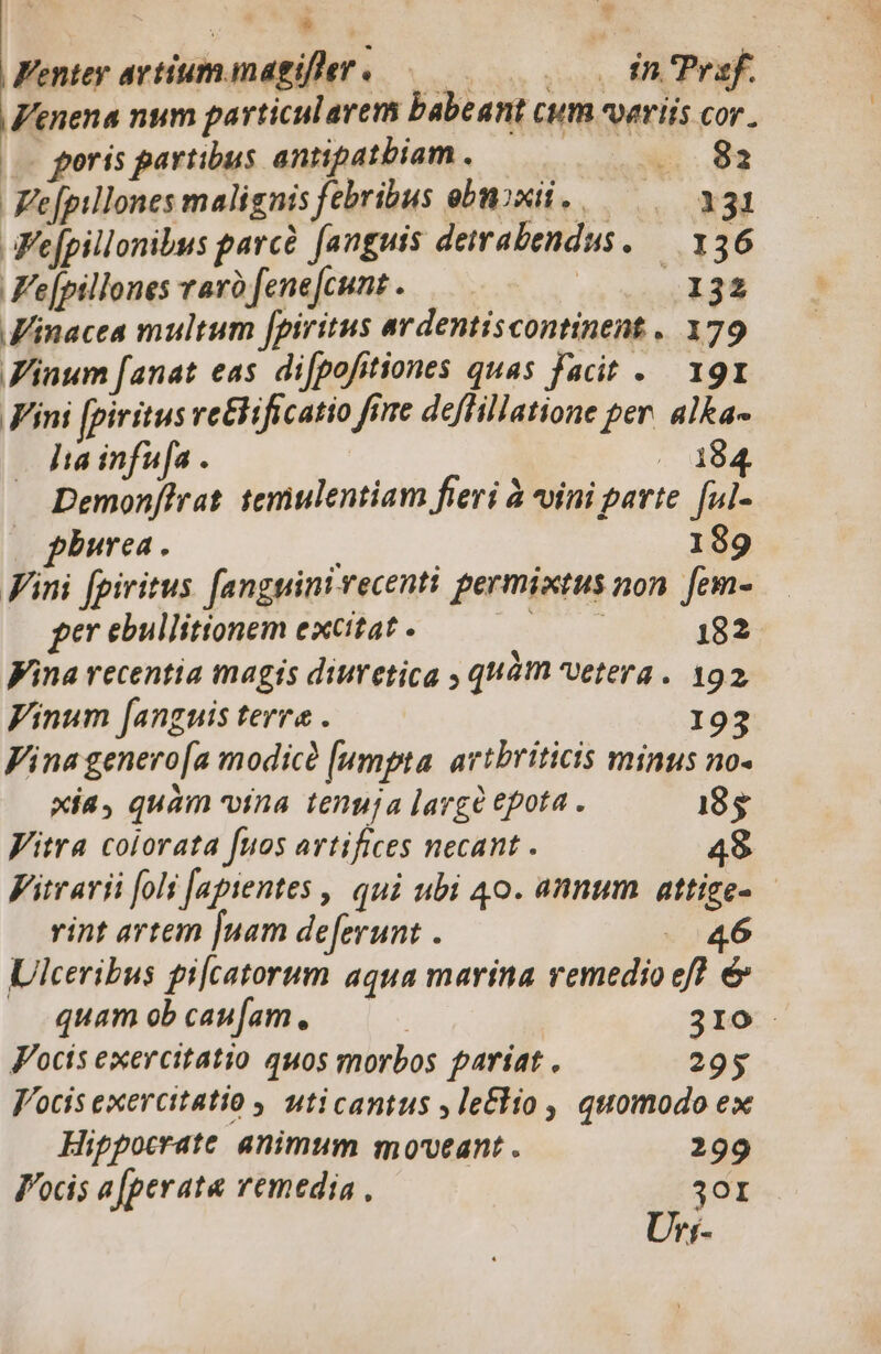 Fentey avtiummagifer. in 'Prsf. Venena num particularem babeant cum veriis cor. (o oris partibus antipatbiam . x. 82 Fe[pillones malignis febribus obuixii. ,— .— 331 Fefpillonibus parcé fanguis deirabendus. — 136 Fe[pillones varo fenefcunt. —— Maren Jinacea multum [piritus ardentiscontinent . 179 Vinum [anat eas. difpofitiones quas facit - 191 Fini [piritus re&amp;lificatio fire deflillatione per. alka- Jia infufa . . 184. Demonffrat temulentiam fieri à vini parte. [ul- | phurea. 189 Fini [piritus fanguinivecenti permixtus non. [em- per ebullitionem excitat . o ce 182 ina recentia magis diuretica , quàm vetera. 192 Vinum [anguis terra . 193 Vina genero[a modice [umpta. artbriticis minus no- xia, quam vina tenuja large epota . 18$ Vitra colorata fuos artifices necant . 48 Fitrarii [ol [apientes , qui ubi 40. annum attige- vint artem [nam deferunt . - 46 Ulceribus pijcatorum aqua marina remedio ef &amp; quam ob cau[am. | 310 Vocis exercitatio quos morbos pariat . 29y Vocis exercitatio , uticantus , le£tio , quomodo ex Hippocrate animum moveant . 299 Vocis a perat remedia, 301 Ur;