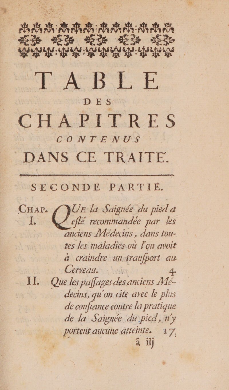 # 2 .n A. AAA Se See 22% de 22e RUE 6 DES CHAPITRES CONTENUS DANS CE TRAILE. ..CHAP. UE la Saignée du pied a s À eflé recommandée par les anciens Médecins dans tou- tes les maladies où Ton avoit à craindre uvtranfport au | Cerveau. 4. IT. Quels pallages des an iens Vé- decins, qu'on cite avec le plus de confiance contre la pratique de la Saignée du pied, n'y portent aucune atteinte, A7 CE
