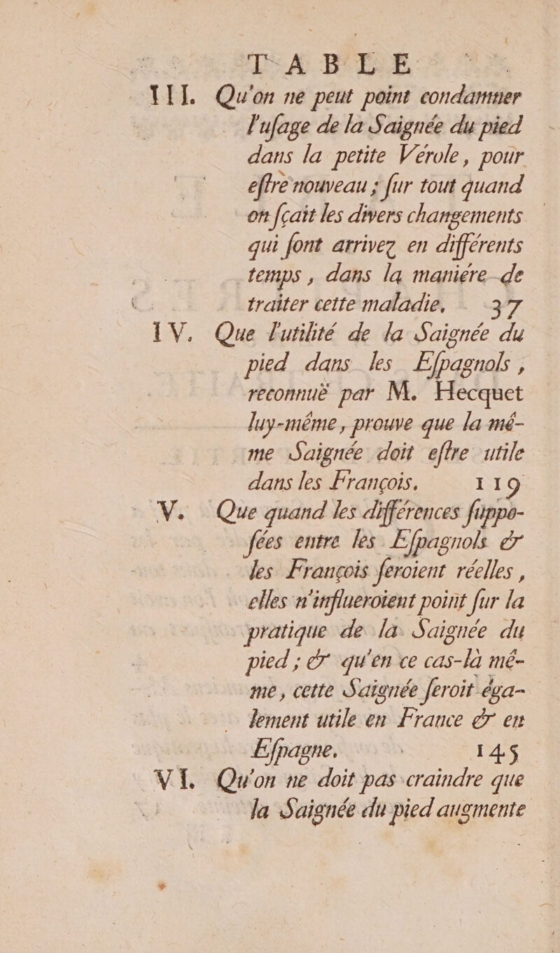 “TA. NE VI TA B'LE l'ufage de la S'aignée du pied dans la petite Vérole, pour effre nouveau ; fur tout quand ott fcait les divers changements qui font arrivez en différents temps , dans la maniere de traiter cette maladie, 37 pied dans les Efpagnols , reconnuë par M. Hecquet luy-même, prouve que la mé- me Saignée doit eflre utile dans les François. 119 fées entre les Efpagnols à des François feroient réelles, pratique de la Saignée du pied ; r qu'en ce cas-la mé- me, cette Saignée feroit éga- lement utile en France à en Efpagne. 145
