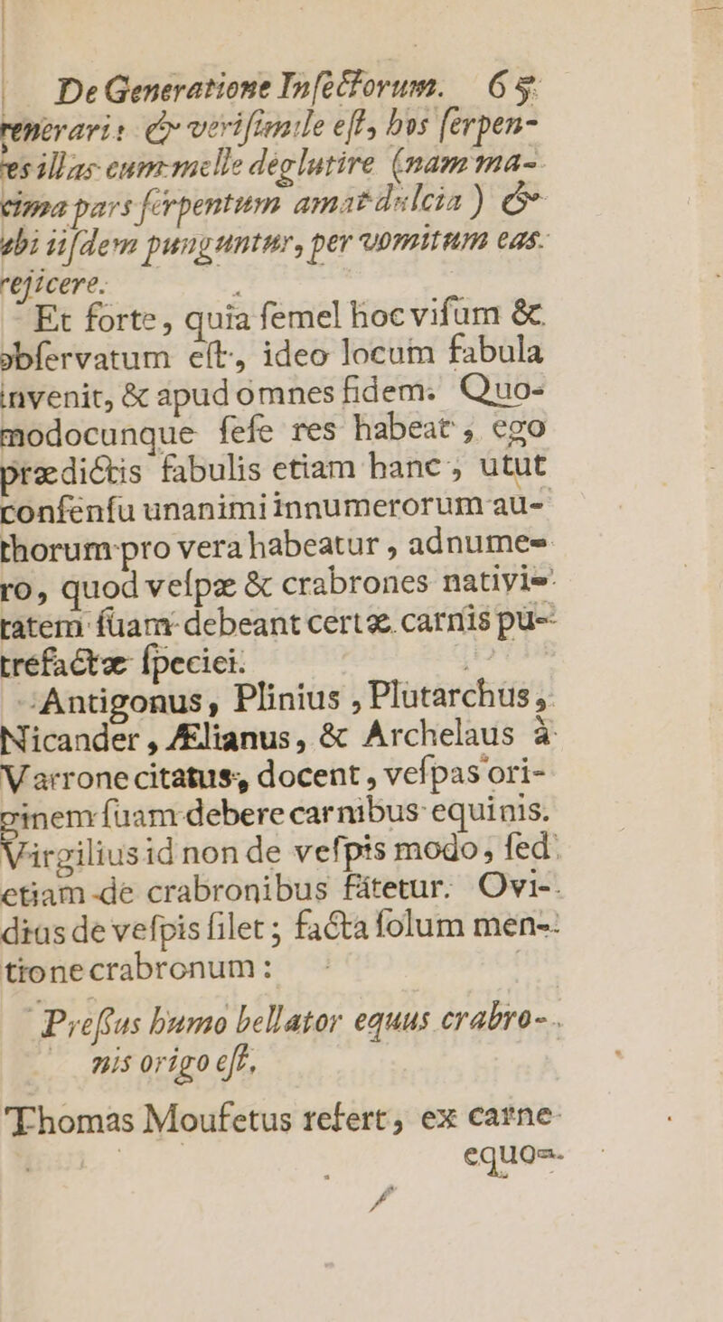 reperari: d verifimle eff, bos [erpen- vs illas cum. mclle deglutire (mam ma- C1ppa pars ferpentum amat delcia) ebi [dem puuguntur, per uorum eas. ejicere. : Et forte, quia femel hoc vifam &amp;. »bfervatum elt, ideo locum fabula invenit, &amp; apud omnes fidem. Quo- modocunque fefe res habeat, ego praedictis fabulis etiam banc ; utut confenfu unanimiinnumerorum au- thorum pro vera habeatur , adnumes ro, quod veípz &amp; crabrones natiyie: ratem füam- debeant certae. carnis pu-- tréfactae fpeciei. [ON ^; Antigonus , Plinius , Plutarchus, Nicander , /lianus, &amp; Archelaus à Varronecitatus, docent , vefpas ori- inem fuam debere carnibus equinis. irailius id non de vefpis modo; fed: ctiam-de crabronibus fátetur. Ovi-. dias de vefpis filet ; fa&amp;ta folum men-- ttonecrabronum: | Preftus bumo bellator equus crabro- . . mis orígo eff, 'Fhomas Moufetus refert, ex carne br equos. /