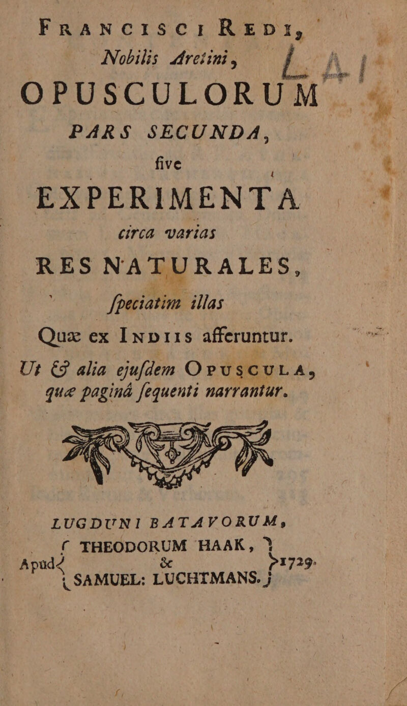 INobilis dMretini , LA Ww OPUSCULORUM - PARS SECUNDA, . 1) five : d EXPERIMENTA E circa. varias RES NATURALES, fgeciatim illas Quz ex IND11S afferuntur. Ut €3 alia ejufdem OPuscUuLA, que pagiuá fequenti narrantur. | LUGDUNIBATAVORUM, f THEODORUM HAAK, Apud? &amp; P1729. | SAMUEL: LUCHIMANS. j