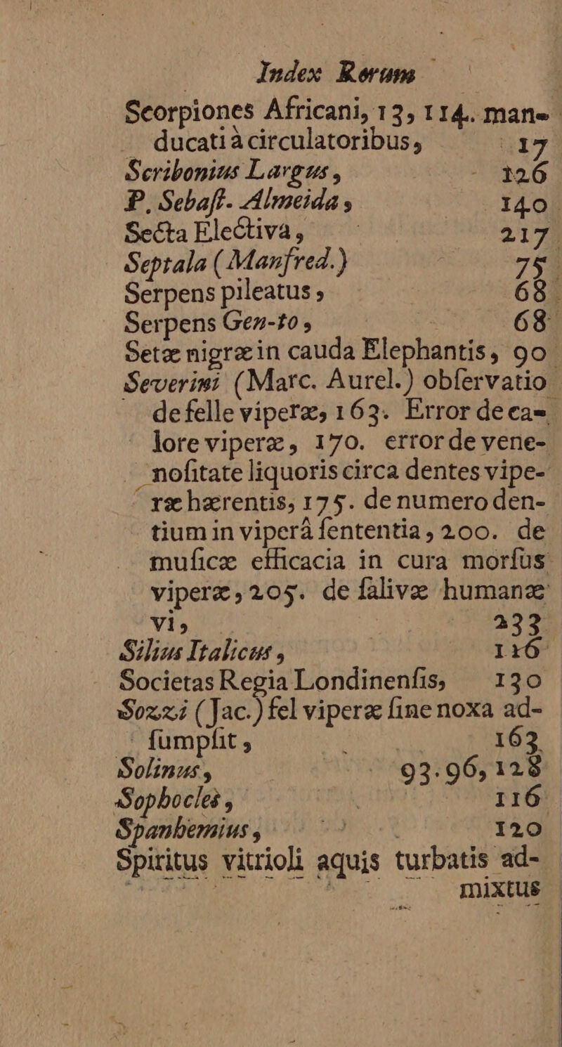 Scorpiones Africani, 13, 114.. mane - —. ducatiácirculatoribus, 47 Scribonius Largus , Tod P. Sebaff- AImeida , | I40 Secta Electiva 9 21 7 i Septala ( Manfred.) j 75. Serpens pileatus ; 68. Serpens Gen-fo ; | 68. Setzc nigracin cauda Elephantis, 9o. Severimi (Marc. Aurel.) obfervatio — defelle víperz, 163. Error decas. loreviperz, 170. errordeyvene- - nofitate liquoris circa dentes vipe- rz harentis, 175. de numero den- tium in viperá fententia, 200. de muficz efficacia in cura moríus: viperz,205. delíalivas humanae vi, 233 Silius Italicus , | Ir6- Societas Regia Londinenfis — 130 - $0224 ( Jac.) fel viperz fine noxa ad- ' fumphit ; 163 Solinus, /:93.96, 128 Sopbocles , 116 Spanberaius , I20 Spiritus vitrioli aquis turbatis ad- - | pA mixtus |