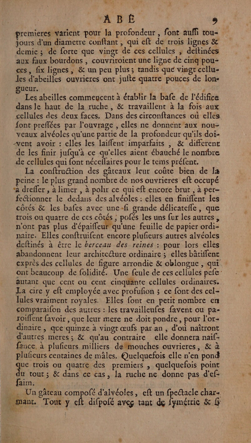 Cr A ABBÉ : premieres varient pour la profondeur , font auffi tou- jours d’un diametre conftant , qui eft de trois lignes &amp; demie ; de forte que vingt de ces cellules ; deftinées aux.faux bourdons , couvriroient une ligne de cinq pou- ces, fix lignes, &amp; un peu plus; tandis que vingr cellu- Jes d'abeilles ouvrieres ont juite quatre pouces de lon- gueur. | En F Les abeilles commencent à établir la bafe de l'édifice dans le haut de la ruche, &amp; travaillent à la fois aux cellules des deux faces. Dans des circonftances où elles. {ont preflées par l'ouvrage , elles ne donnent aux nou- veaux alvéoles qu’une partie de la profondeur qu'ils doi- vent avoir : elles les laiffent imparfaits , &amp; different de les finir jufqu’à ce qu’elles aient ébauché le nombre de cellules qui pu néceflaires pour le tems préfent. La conftruétion des gâteaux leur coûte bien de la eine : Le plus grand nombre de nos ouvrieres eft occupé a drefler , à limer , à polir ce qui eft encore brut , à per- feétionner le dedans des alvéoles : elles en finiflent les côtés &amp; les bafes avec une-fi grande délicatefle, que trois ou quatre de ces cos ; pofés les uns fur les autres, n'ont pas plus d’épaiffeur qu'une feuille de papier ordi- naire. Elles conftruifent encore plufieurs autres alvéoles deftinés à être le berceau des reines : pour lors elles abandonnent leur architecture ordinaire ; elles bâtiffent exprès des cellules de figure arrondie &amp; oblongue, qui. ont beaucoup de folidité. Une feule de ces cellules pefe: autant que cent ou cent cinquante cellules ordinaires. La cire y eft employée avec profufon 3 ce font des cel- Jules vraiment royales. Elles font en petit nombre en comparaifon des autres : les travaillenfes favent ou pa- roiffent favoir , que leur mere ne doit pondre, pour l’or- dinaire , que quinze à vingt œufs par an , d’où naîtront d’autres meres; &amp; qu'au contraire elle donnera naif- fance. à plufieurs milliers defmouches ouvrieres, &amp; à plufeurs centaines de mâles. Quelquefois elle n’en pond que trois ou quatre des premiers , quelquefois point u tout; &amp; dans ce cas, la ruche ne donne pas d’ef- faim. a Un gâteau compofé d’alvéoles, eft un fpeétacle char+ man. Tout y cit difpolé aveg tant dé fymétrie &amp; G