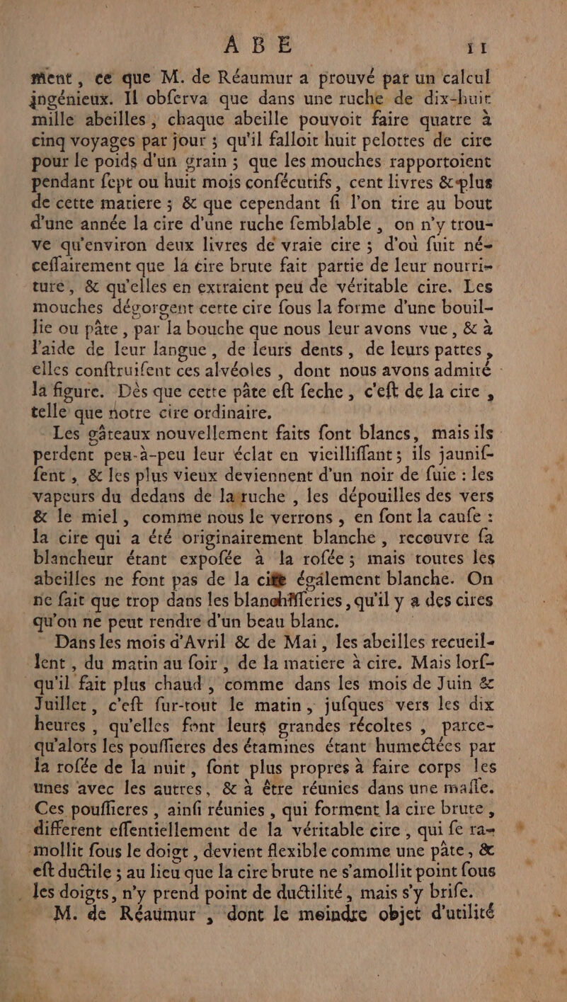 ment, ce que M. de Réaumur a prouvé par un calcul jogénieux. Il obferva que dans une ruche de dix-huit mille abeilles, chaque abeille pouvoit faire quatre à cinq voyages par jour ; qu'il falloir huit pelottes de cire pour le poids d'un grain ; que les mouches rapportoient pendant fept ou huit mois confécutifs, cent livres &-plus de cette matiere ; & que cependant fi l’on tire au bout d’une année la cire d’une ruche femblable , on n’y trou- ve qu'environ deux livres de vraie cire ; d'ou fuit né- ceffairement que la éire brute fait partie de leur nourri- ture, & qu'elles en extraient peu de véritable cire. Les mouches dégorgent certe cire fous la forme d’une bouil- lie ou pâte, par la bouche que nous leur avons vue, & à laide de leur langue, de leurs dents, de leurs pattes elles conftruifent ces alvéoles , dont nous avons admiré : la figure. Dés que cette pâte eft feche, c'eft de la cire, telle que notre cire ordinaire, Les gâteaux nouvellement faits font blancs, maisils perdent peu-à-peu leur éclat en vicilliffant; ils jaunif- fent, & les plus vieux deviennent d’un noir de fuie : les vapeurs du dedans de la#ruche , les dépouilles des vers & le miel, comme nous le verrons , en font la caufe : la cire qui à été originairement blanche , recouvre fa blancheur étant expofée à la rofée; mais routes les abeilles ne font pas de la cifè ésilement blanche. On nc fait que trop dans les blanchffferies , qu'il y a des cires qu'on ne peut rendre d'un beau blanc. | Dans les mois d'Avril & de Mai, les abeilles recueil- lent , du matin au foir , de la matiere à cire. Mais lorf- qu'il fait plus chaud , comme dans les mois de Juin & Juillet, c'eft fur-tout le matin, jufques vers les dix heures , qu'elles font leurs grandes récoltes , parce- qu’alors les pouflieres des éramines étant humeétées par la rofée de la nuit, font plus propres à faire corps les unes avec les autres, & à Être réunies dans une malle. Ces poufheres , ainfi réunies , qui forment la cire brute, different eflenticllement de la véritable cire , qui fe ra -mollit fous le doigt , devient flexible comme une pâte, & … eftdu@ile ; au lieu que la cire brute ne s'amollit point fous . les doigts, n’y prend point de duétilité, mais s’y brife. M. de Réaümur , dont le meindre objet d'utilité