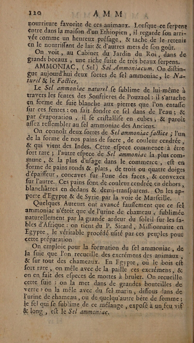 nourriture favorite de ces animaux. Lorfque.ce ferpens otre dans la maifon d’un Ethiopien , 1l regarde fon arri- vée comme un heureux préfage, &amp; tache de le-retenix en le nourriffant de lait &amp; d’autres mets de fon goût. . On, voit, au Cabiner du Jardin du Roi ; dans de grands bocaux , une riche fuite de très beaux ferpens. AMMONTIAC, (Sel) Sal _Ammoniacum. On diftin- gue aujourd'hui deux fortes de fei ammoniac, de. Na. turel &amp; le Fadice. _ Le Sel ammoniac naturel fe fublime de lui-même à travers les fentes des Souftieres de Pouzzol : il s'attache en forme de fuie blanche aux pierres que l’on éntafle fur ces fentes : on fait fondre ce {el dans de, l'eau ; &amp; pat évaporarion , il fe criftallife en cubes ,-&amp; paroit aflez refflembler au {el ammoniac des Anciens. On connoït deux fortes de Se/ ammoniac fatice ; Vun de la forme de nos pains de facre , de couleur cendrée ; &amp; qui vient des Indes. Cette.efpece commence:à être fort rare ; l’autre efpece de Sel ammoniac la:plus com- mune, &amp; la plus d'ufage dans le commerce, -eft en forme de pains ronds &amp; plats, de trois ou quatre doigts d'épaiffeur, concaves fur l'une des faces .&amp; convexes. fur l’autre. Ces pains font de conteur cendrée.en dehors, . blanchâtres en dedans &amp; demi-tranfparens. ; On les ap- porte d'Egypte &amp; de Syrie-par la voie de Marfeille. _ Quelques Auteurs ont avancé fauffement que ce fel ammoniac n'étoit que de l'urine de chameau ; fublimée vaturellement par la grande ardeur du foleil-fur-les fa- bles d'Afrique : on tient du P. Sicard , Miffionnaire en Egypte, le véritable procédé ufté par ces peuples poux cette. préparation: *. | On emploie pour Ja formation du fel ammoniac., de fa fuie que l’on recueille, des excrémens des animaux l &amp; fur tout des chameaux. En Egypte, où .le -bois eft fort rare , on mêle avec de la paille ces-excrémens , &amp; on en fait des efpeces de mortes à bruler. On recueille cette fuie : on la met dans de grandes bouteilles de verte : On la mêle avec du fek marin, diffous dans de Furine de chameau , ou de quelqu'autre bête de fomme; | le fel qui fe fublime de ce mélange , expofé à un feu vi£ * | êe long. , leit Le Sel ammoniac. F {