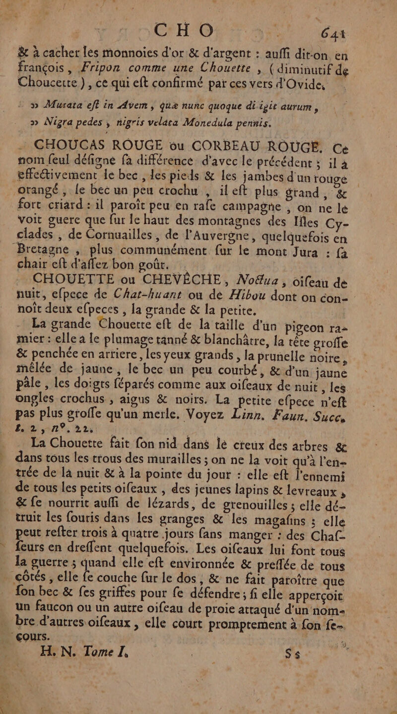 8 à cacher les monnoies d'or &amp; d'argent : auffi dit-on en françois, Fripon comme une Chouette , (diminutif de Choucerte ), ce qui eft confirmé par ces vers d'Ovide, » Musata eff in Avem , que nunc quoque di igit aurum , » Nigra pedes ; nigris velata Monedula pennis. CHOUCAS ROUGE ou CORBEAU ROUGE. Ce nom feul défigne fà différence d'avec le précédent >; à gffcétivement le bec , Les pieds &amp; les jambes d'un rouge | orangé , le bec un peu crochu , ileft plus grand, &amp; fort criard: il paroït peu en rafe campagne , on ne le voit guerc que fur le haut des montagnes des Ifles Cy- clades , de Cornuailles , de l'Auvergne, quelquefois en chair eft d'aflez bon goût. CHOUETTE ou CHEVÊCHE, Noëua , oifeau de nuit, efpece de Chat-huant où de Hibou dont on con- noît deux efpeces , la grande &amp; la petite. La grande Chouerte eft de la taille d'un pigeon raz mier : elle a le plumage tanné &amp; blanchâtre, la tête groffe &amp; penchée en artiere, les yeux grands, la prunelle noire : mêlée de jaune, le bec un peu courbé, &amp; d’un jaune pâle , les doigts féparés comme aux oifeaux de nuit , les ongles crochus , aigus &amp; noirs. La petite efpece n’eft pas plus groffe qu'un merle. Voyez Linn. Faun. Suces nn, at FA La Chouette fait fon nid dans le creux des arbres &amp; dans tous les trous des murailles ; on ne la voit qu'à l’en- trée de 14 nuit &amp; à la pointe du jour : elle eft l'ennemi de tous les petits oifeaux , des jeunes lapins &amp; levreaux , truit les fouris dans les granges &amp; les magafins ; elle peut refter trois à quatre jours fans manger : des Chaf- feurs en dreffent quelquefois. Les oifeaux lui font toué la guerre ; quand elle eft environnée &amp; preffée de tous fon bec &amp; fes griffes pour fe défendre; f elle apperçoit un faucon ou un autre oifeau de proie attaqué d'un nom- bre d'autresoifeaux , elle court promptement à fon fe H, N. Tome I, nb Ss