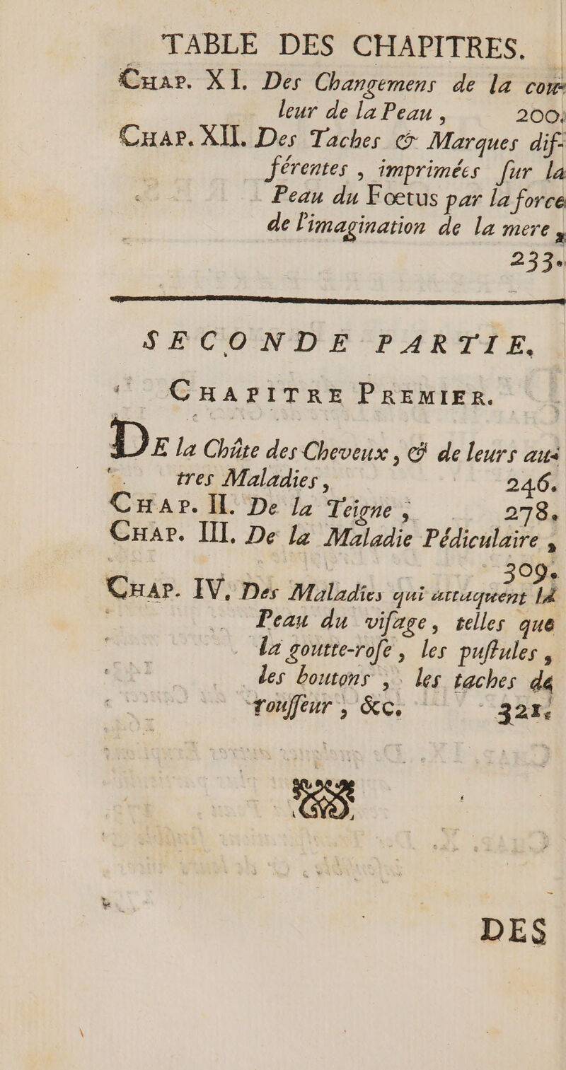 TABLE DES CHAPITRES. Cuae. XL Des Changemens de la cow: leur de la Peau , 2004 Cap. XI, Des Taches &amp; Marques dif- Jérentes | imprimées Jur la Peau du Foœtus par la force de l'imagination de la mere, 233 SECONDE PARTIE, ‘ CHAPITRE PREMIER. D E la Châte des Cheveux , de leurs avi 7. tres Maladies, 246. CHapr. Il. De Ja Tete. ia Car. [I De Lz Maladie Pédiculaire | 309 Cap. IV, Des Maladies qui attuquent LÀ Peau du vifage, telles que a goutte-rofe, les puffules , les boutons ,. les taches de tonfeur , &amp;e, gas, DES