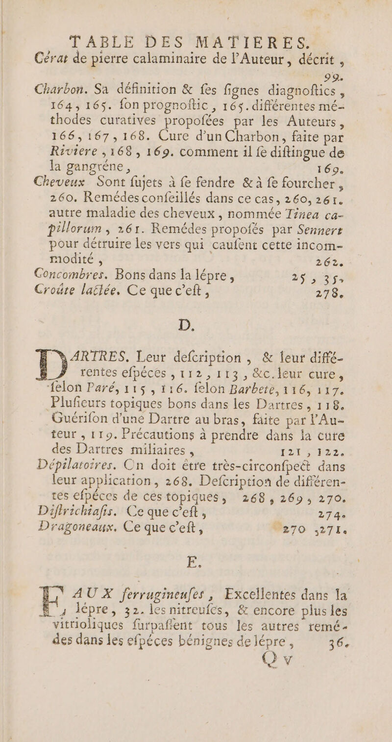 TABLE DES MATIERES,. Cérat de pierre calaminaire de Auteur, décrit , 99. Charbon. Sa définition &amp; fes fignes diagnoftics , 164, 165. fon prognofic, 165. différentes mé- thodes curatives propofées par les Auteurs, 166,167,168. Cure d’un Charbon, faite par Riviere ,168 , 169. comment il fe diftingue de la gangréne, 169. Cheveux Sont fujets à fe fendre &amp;à fe fourcher, 260. Remédes confeillés dans ce cas, 260, 261. autre maladie des cheveux , nommée Tirea ca- Pillorum ; 261. Remédes propoiés par Sennerre pour détruire les vers qui caufent cette incom- modité , 262. Concombres. Bons dans la lépre, as, rs Croûre laëlée, Ce que c’eft, 278. D, HU ARTRES, Leur defcription , &amp; leur diffé- B_J rentes efpécés , 112,113, &amp;c.leur cure, ‘felon Paré, 115 , 116. felon Barbere, 116, 117. Plufeurs topiques bons dans les Dartres, 118. Guérifon d’une Dartre au bras, faite par l'Au- teur , 119. Précautions à prendre dans la cure des Dartres miliaires , YA VE, Dépilatoires. Cn doit être très-circonfpeét dans leur application, 268. Defcription de différen- res efpéces de céstopiques, 268, 269, 270. Difirichiafis. Ce que c’eft, 274% Dragoneaux. Ce que c’eft, M270 27l. x AUX ferrugineufes, Excellentes dans la É 4 lépre, 32. les nitreufcs, &amp; encore plus les vitrioliques furpañlent tous les autres remé- des dans les efpéces bénignes de lépre, 10e Q y