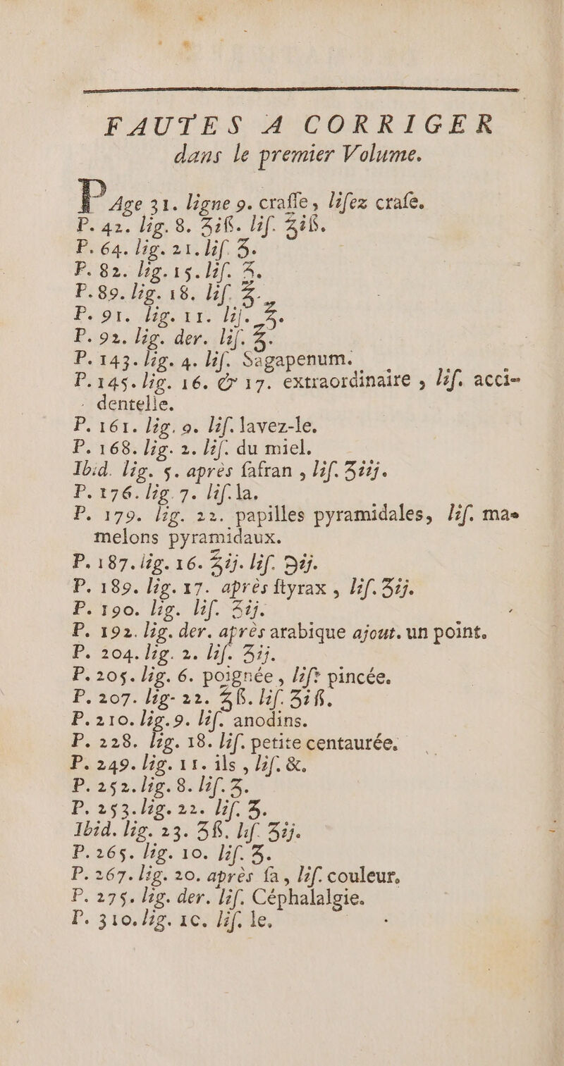 dans le premier Volume. 0 0 9 9 M0 2 64. lig. 21. if 3. 143. lig. 4. lif. Sagapenum. dentelie. 161. lig. 9. lif. lavez-le. 168. lig. 2. lif. du miel. Ra a-Ba:bn-Ee-La: Be Es Le: a: Be D - 5 5 9 176. lig. 7. lif. la. : 179. lig. 122. papilles pyramidales, /3f. mas melons pyramidaux. 207. lig- 22. 48. lif. 316. 228. lg. 18. lif. petite centaurée. 249. lig. 11. ils, l2f. &amp;. 267. lig. 20. après fa, lif. couleur, 310. lg. ac. if. le,