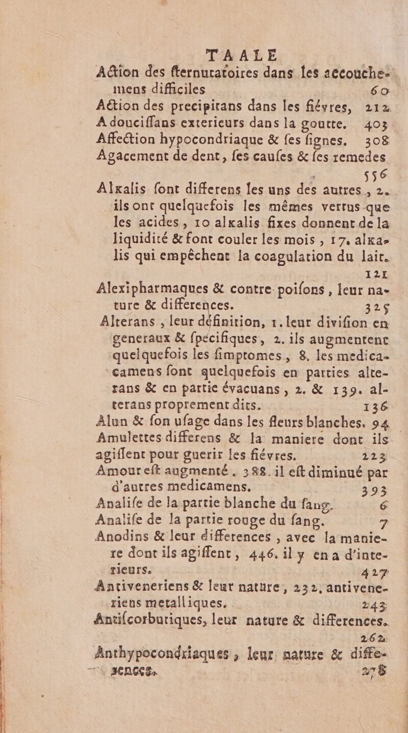 TAALE Aion des fternutatoires dans les a0couche- mens difficiles 60 Aétion des precipirans dans les fiévres, 212. A douciffans exterieurs dans la goutte. 403 Affection hypocondriaque &amp; {es fignes. 308 Agacement de dent, fes caufes &amp; fes remedes 556 Alxalis font differens les uns des autres , 2. ils ont quelquefois les mêmes verrus que les acides, 10 alkalis fixes donnent de la liquidité &amp; font couler les mois , 17, alxae lis qui empêchent la coagulation du lait. 12E Alexipharmaques &amp; contre poifons , leur na- ture &amp; differences. 32$ Alterans , leur définition, 1. leur divifion en generaux &amp; fpecifiques, 2. ils augmentenc quelquefois les fimptomes, 8, les medica- camens font quelquefois en parties alte- rans &amp; en partie évacuans , 2. &amp; 139. al- terans proprement dits. 136 Alun &amp; fon ufage dans les fleurs blanches, 94 Amulettes differens &amp; la maniere dont ils agiflent pour guerir les fiévres. 223 Amour eft augmenté . 388. il eft diminué par d'autres medicamens. 393 Analife de la partie blanche du fans. 6. Analife de la partie rouge du fang. 7 Anodins &amp; leur differences , avec {a manie- re dont ils agiflent, 446. ily en a d’inte- rieurs. 427 Antiveneriens &amp; leur nature, 222, antivene- riens metalliques. 243 Antifcorburiques, leur nature &amp; differences. 262 CAGE 278