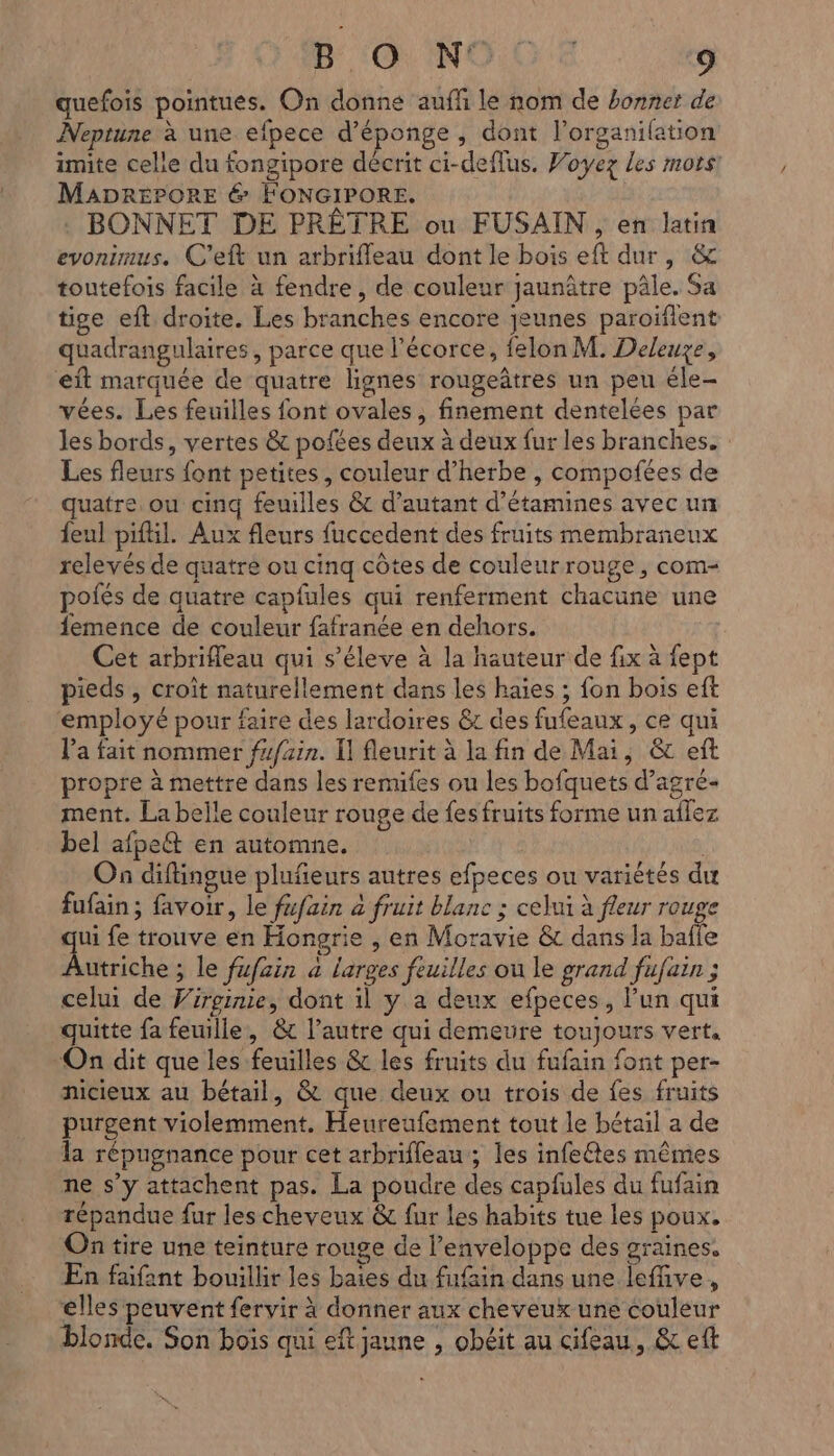 quefois pointues. On donne auffi le nom de bonnet de Neptune à une efpece d’éponge , dont l’organifation imite celle du fongipore décrit ci-deffus. Woyez Les mors! MADREPORE 6 FONGIPORE. BONNET DE PRÊTRE ou FUSAIN , en latin evonimus. C'eft un arbrifleau dont le bois eft dur, &amp; toutefois facile à fendre, de couleur jaunâtre pâle. Sa tige eft droite. Les branches encore jeunes paroïflent quadrangulaires, parce que l'écorce, felon M. Deleuxe, et marquée de quatre lignes rougeâtres un peu éle- vées. Les feuilles font ovales, finement dentelées par les bords, vertes &amp; pofées deux à deux fur les branches. Les fleurs font petites, couleur d'herbe , compofées de quatre ou cinq feuilles &amp; d'autant d’étamines avec un feul pifil. Aux fleurs fuccedent des fruits membraneux relevés de quatre ou cinq côtes de couleurrouge, com- poiés de quatre capfules qui renferment chacune une femence de couleur fafranée en dehors. Cet arbrifleau qui s’éleve à la hauteur de fix à {ept pieds , croît naturellement dans les haies ; fon bois eft employé pour faire des lardoires &amp;r des fufeaux, ce qui l’a fait nommer f/fain. Il fleurit à la fin de Mai, &amp;t eft propre à mettre dans les remufes ou les bofquets d’agré- ment. La belle couleur rouge de fes fruits forme un aîlez bel afpeét en automne. | On diftingue plufeurs autres efpeces ou variétés du fufain ; favoir, le fafain a fruit blanc ; celui à fleur rouge 5% fe trouve en Hongrie , en Moravie &amp; dans la baffe utriche ; le fufzin a larges feuilles ou le grand fufuin ; celui de Virginie, dont il y a deux efpeces, l’un qui quitte fa feuille, &amp; l’autre qui demeure toujours vert. On dit que les feuilles &amp; les fruits du fufain font per- nicieux au bétail, &amp; que deux ou trois de fes fruits purgent violemment. Heureufement tout le bétail a de la répugnance pour cet arbriffeau; les infe@tes mêmes ne s’y attachent pas. La poudre des capfules du fufain répandue fur les cheveux &amp; fur les habits tue les poux. On tire une teinture rouge de l'enveloppe des graines. En faifant bouillir les baies du fufin dans une leffive, élles peuvent fervir à donner aux cheveux une couleur blonde. Son bois qui eft jaune , obéit au cifeau, &amp; eft