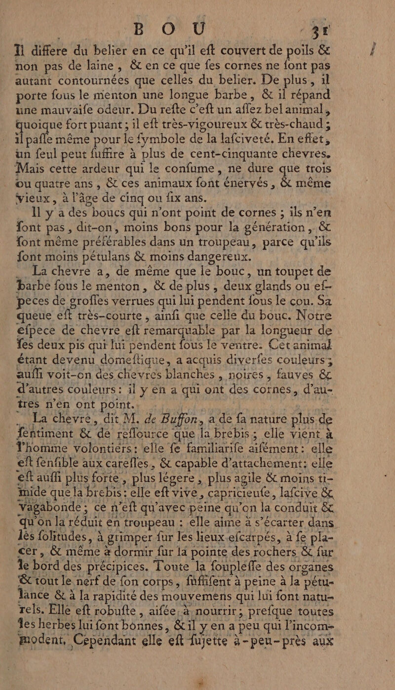 B' OÙ Li non pas de laine, &amp; en ce que fes cornes ne font pas autant contournées que celles du belier. De plus, 1l porte fous le menton une longue barbe, &amp; il répand une mauvaife odeur. Du refte c’eft un affez bel animal, dE ue fort puant ; il eft très-vigoureux &amp; très-chaud ; 1] pafle même pour le fymbole de la lafciveté, En efet, un feul peut fufire à plus de cent-cinquante chevres. Mais cette ardeur qui le confume, ne dure que trois Ou quatre ans , &amp;t ces animaux font énervés, &amp; même vieux, à l’âge de cinq ou fix ans. _ 1l y a des boucs qui n’ont point de cornes ; ils n’en font pas, dit-on, moins bons pour la génération, &amp; font même préférables dans un troupeau, parce qu'ils font moins pétulans &amp; moins dangereux. . La chevre a, de même que le bouc, un toupet de barbe fous le menton, &amp; de plus , deux glands ou ef- peces de groffes verrues qui lui pendent fous le cou. Sa queue eft très-courte , ainfi que celle du bouc. Notre efpece de chevre eft remarquable par la longueur de es deux pis qui lui pendent fous le ventre. Cet animal étant devenu domeftique, a acquis diverfes couleurs; aufli voit-on des chevres blanches , noires, fauves &amp; d’autres Couleurs : il y en a qui ont des cornes, d’au- tres n’en ont point. :,. | | Fr La chevre, dit M. de Buffon, a de fa nature plus. de fentiment &amp; de reflource que Ja brebis; elle vient à Thomme volontiers : elle {e familiarife aifément: elle €ft fenfble aux carefles, &amp; capable d’attachement: elle €ft auf plus forte, plus légere, plus agile &amp; moins ti- inide que la brebis: elle eft vive, capricieute, lafcive &amp; Vagabonde; ce neft qu'avec peine qu’on la conduit &amp; qu'on la réduit en troupeau : elle aime à s’écarter dans lès folitudes, à grimper fur les lieux -efcarpés, à fe pla- cer, &amp; même à dormir fur la pointe des rochers &amp; fur Îe bord des précipices. Toute la foupleffe des organes ‘êt tout le nerf de {on corps, füfifent à peine à Ja pétu- lance &amp; à la rapidité des mouvemens qui lui font natu- rels. Elle eft robufte , aifée, à nourrir; prefque toutes 1es herbes lui font bonnes, &amp; il y en a peu qui l’incom- ._ modent, Cependant elle eft fujette à-peu-près aux