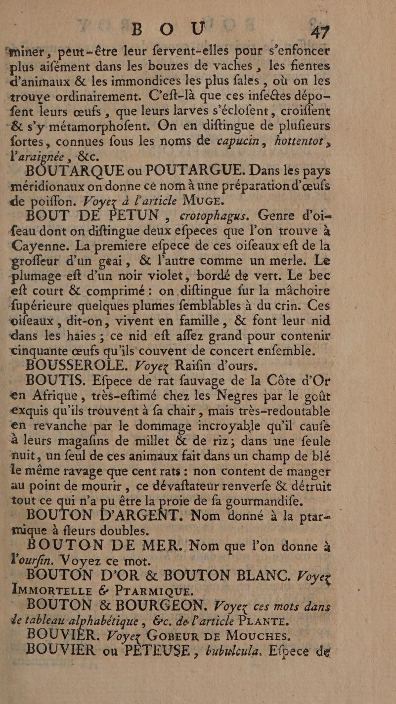 minér, peut-être leur fervent-elles pour s’enfoncer plus aifément dans les bouzes de vaches , les fientes d'animaux &amp; les immondices les plus fales , où on les trouve ordinairement. C’eft-là que ces infe@tes dépo- fent leurs œufs , que leurs larves s’éclofent, croïflent -&amp; s’y métamorphofent. On en diftingue de plufieurs fortes, connues fous les noms de capucin, hottentot, laraignée , &amp;c. BOUT ARQUE ou POUTARGUE. Dans les pays méridionaux on donne cé nom à une préparation d'œufs de poiflon. Voyez à l’article MuGE. BOUT DE PETUN, crorophagus. Genre d’oi- Æeau dont on diftingue deux efpeces que l’on trouve à Cayenne. La premiere efpece de ces oifeaux eft de la grofleur d'un geai, &amp; l’autre comme un merle. Le plumage -eft d’un noir violet, bordé de vert. Le bec eft court &amp; comprimé: on .diftingue fur la mâchoire fupérieure quelques plumes femblables à du crin. Ces oifeaux , dit-on, vivent en famille, &amp; font leur nid dans les haies ; ce nid eft affez grand pour contenir cinquante œufs qu'ils couvent de concert enfemble. BOUSSEROLE. Voyez Raïfin d'ours. BOUTIS. Efpece de rat fauvage de la Côte d'Or en Afrique , très-eftimé chez les Negres par le goût exquis qu’ils trouvent à fa chair , mais très-redoutable en revanche par le dommage incroyable qu'il caufe à leurs magafins de millet &amp; de riz; dans une feule nuit, un feul de ces animaux fait dans un champ de blé le même ravage que cent rats : non content de manger au point de mourir, ce dévaftateur renverfe &amp; détruit tout ce qui n’a pu être la proie de fa gourmandife. BOUTON D'ARGENT. Nom donné à la ptar= mique à fleurs doubles. BOUTON DE MER. Nom que l’on donne à l'ourfin. Voyez ce mot. _ BOUTON D'OR &amp; BOUTON BLANC. Voyez IMMORTELLE 6 PTARMIQUE. BOUTON &amp; BOURGEON. Voyez ces mots dans de tableau alphabétique , 6c. de l'article PLANTE. + BOUVIER. Voyez GoBEur DE MoucHes. BOUVIER ou PÉTEUSE , bubulcula. Efsece de