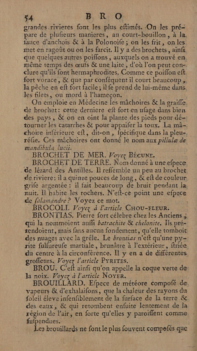 grandes .rivieres font les plus eflimés, :On les pré- pare de plufieurs manieres, au court-bouillon, à la. fauce d’anchois &amp; à la Polonoife ; on les frit, on les met en ragoût ou on les farcit. I] y a des brochets, ainft que quelques autres poiflons , auxquels on a trouvé en. même temps des œuts &amp; une laite , d’où l’on peut con-. clure qu’ils font hermaphrodites. Comme ce poiffon eff. fort vorace, &amp; que par conféquent il court beaucoup. la pêche en eft fort facile ; il fe prend de lui-même dans. les filets, ou mord à lhamecon. On emploie en Médecine les mâchoires &amp; la sraifle. de brochet: cette derniere eit fort en ufage dans bien des pays, &amp; on en oint la plante des pieds pour dé tourner les catarrhes &amp; pour appaïfer la toux. La mâ- choire inférieure eft, dit-on, fpécifique dans la pleu-. réfie. Ces mâchoires ont donné le nom aux pillule de mandibula luc. BROCHET DE MER. Voyez BÉcuNr. BROCHET DE TERRE. Nom donné à une efpece . de lézard des Antilles. Il reffemble un peu au brochet de riviere: il a quinze pouces de long, &amp; eft de couleur. grife argentée : :l fait beaucoup de bruit pendant la. nuit. Îl habite les rochers. N’eft-ce point une efpece de fzlamandre ? Voyez ce mot. D BROCOLL Voyez a l’article CHOU-FLEUR. BRONTTAS. Pierre fort célebre chez les Anciens qui la nommoient aufli batrachite &amp; chelonite. ls pré- tendoient, mais fans aucun fondement, qu’elle tomboit: es nuages avec la grêle. Le brontias n’eft qu'une py- rite fulfureufe martiale, brunâtre à l’extérieur, ftnée. du centre à la circonférence. Il y en a de différentes grofleurs. Voyez l'article PYRITES. BROU. C’eft ainfi qu'on appelle la coque verte de: la noix. Voyez à l'article NOYER. BROUILLARD. Efpece de météore compofé de, vapeurs &amp; d’exhalaifons, que la chaleur des rayons du foleil éleve infenfiblement de la furface de la terre &amp; des eaux, &amp; qui retombent enfuite lentement de Îa région de Pair, en forte qu’elles y paroïflent comme fufpendues. Les brouillards ne font le plus fouvent compefés que