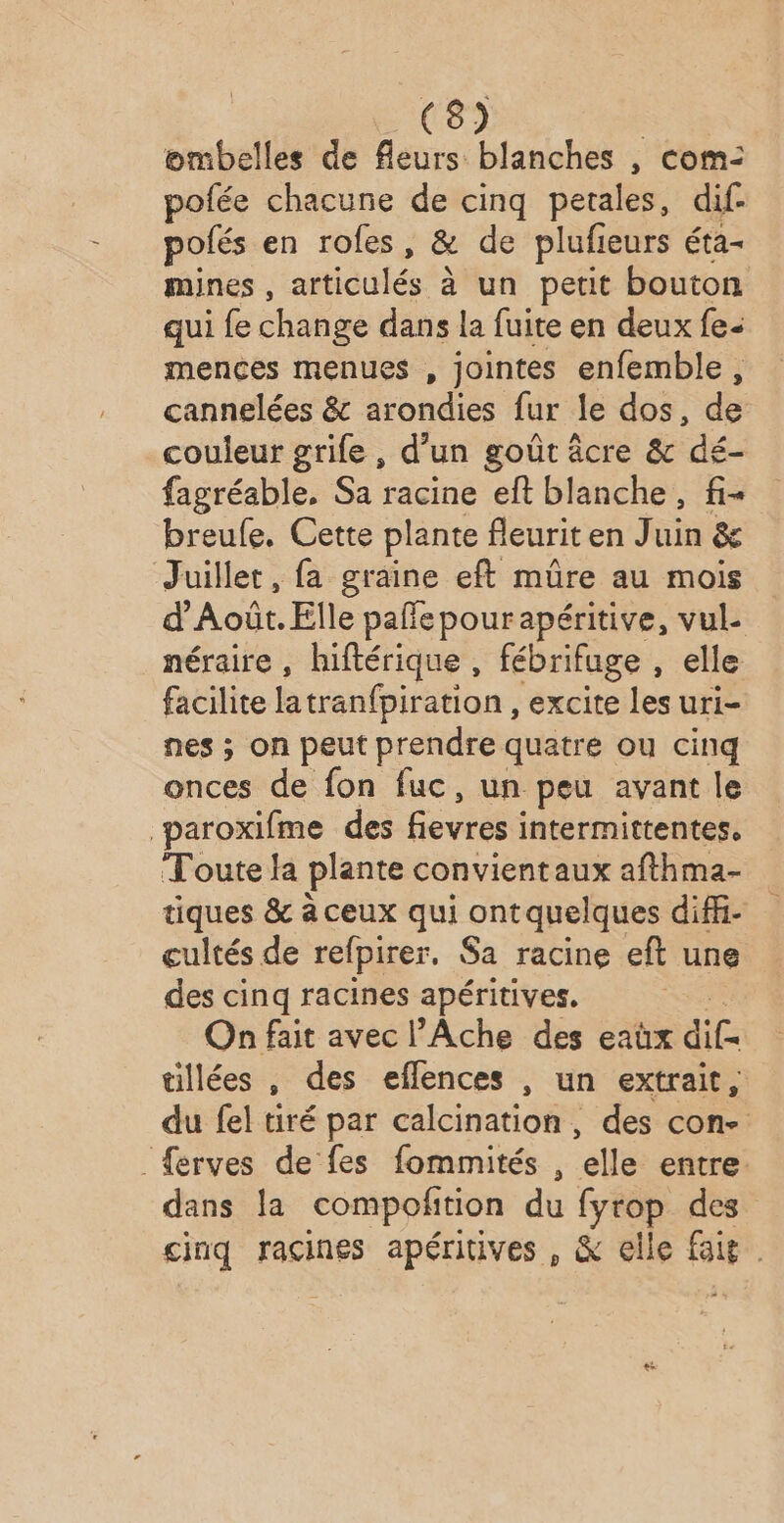 wmbelles de fleurs blanches , com: pofée chacune de cinq petales, dif polés en roles, &amp; de plufieurs éta- mines , articulés à un petit bouton qui fe change dans la fuite en deux fe: mences menues , jointes enfemble, cannelées &amp; arondies fur le dos, de couleur grife , d’un goût âcre &amp; dé- fagréable, Sa racine eft blanche, fi- breufe, Cette plante fleurit en Juin &amp; Juillet, fa graine eft mûre au mois d’Août. Elle pañepourapéritive, vul néraire , hiftérique , fébrifuge , elle facilite latranfpiration, excite les uri- nes ; on peut prendre quatre ou cinq onces de fon fuc, un peu avant le paroxifme des fievres i intermittentes. Toute la plante convientaux afthma- tiques &amp; à ceux qui ontquelques diffi- cultés de refpirer. Sa racine eft une des cinq racines apéritives. On fait avec l’Ache des eaüx dif tillées , des efflences , un extrait, du fel tiré par calcination, des con- _{erves de fes fommités , elle entre. dans la compofition du se des cinq racines apéritives , &amp; elle fait