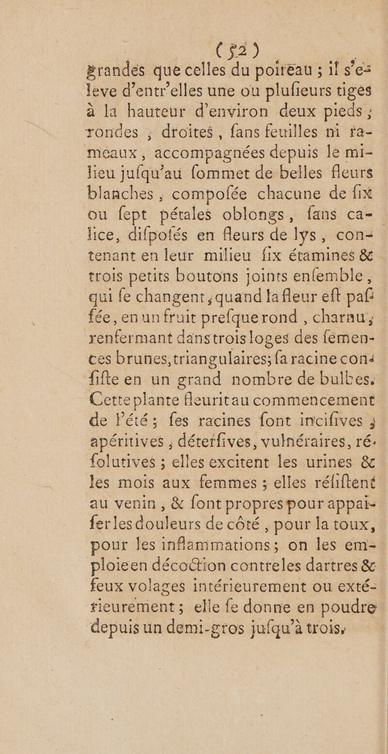 Brandés que celles du poireau ; il ses leve d’entr'elles une ou plufieurs tiges à la hauteur d'environ deux pieds ; rondes ; droites, fans feuilles mi ra- méaux, accompagnées depuis le mi- lieu jufqu’au fommet de belles fleurs blanches ; compofée chacune de fix ou fept pétales oblongs, fans ca- lice, difpolés en fleurs de lys, con- tenant en leur milieu fix étamines &amp; trois petits boutons joints enfemble, qui fe changent, quand lafleur eft paf fée, en un fruit prefquerond , charnu, renfermant danstroisloges des fémen- ces brunes, triangulaires; fa racine con< fifte en un grand nombre de bulbes. Cette plante fleuritau commencement de Pété; fes racines font incifives ; apéritives ; déterfives, vulnéraires, ré. folutives ; elles excitent les urines &amp; les mois aux femmes ; elles réliftent au venin, &amp; font proprespour appai- ferles douleurs de côté , pour la toux, pour les inflammations; on les em- ploieen décoction contreles dartres &amp; feux volages intérieurement ou exté- fieurement ; elle fe donne en poudre depuis un demi-gros jufqu’à trois,