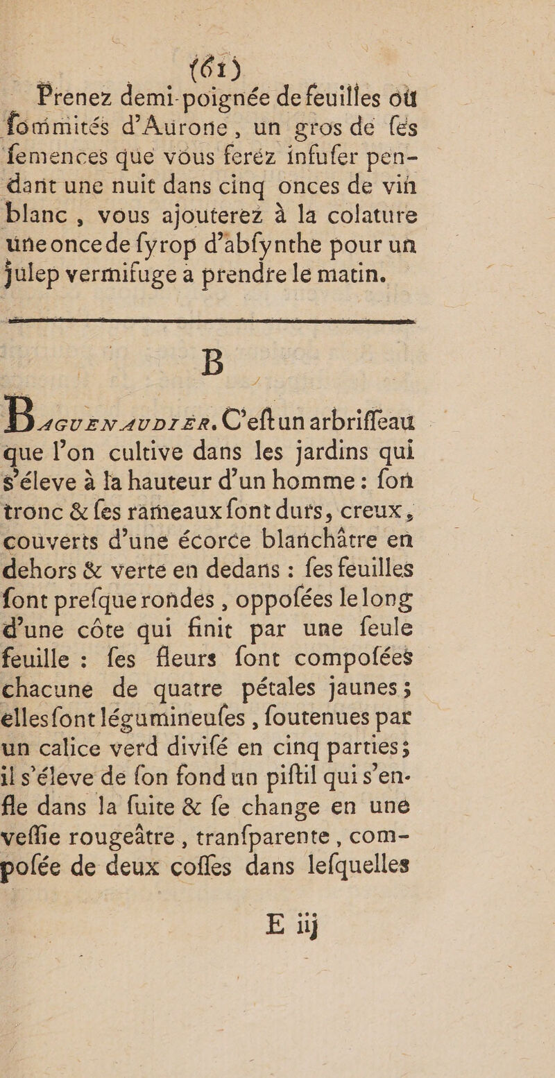 … Prenez demi poignée de feuilles où fomimités d’Aurone, un gros de {es ‘femences que vous feréz infufer pen- dant une nuit dans cinq onces de vin blanc, vous ajouterez à la colature uñeoncede fyrop d’abfynthe pour un julep vermifuge a prendre le matin. B Men donrse, C’eftunarbrifleau que l’on cultive dans les jardins qui s’éleve à fa hauteur d’un homme: fon tronc &amp; fes rameaux font durs, creux, couverts d’une écorce blanchätre en dehors &amp; verte en dedans : fes feuilles font prefque rondes , oppofées lelong d’une côte qui finit par une feule feuille : fes fleurs font compolées chacune de quatre pétales jaunes ; elles font légumineules , foutenues par un calice verd divifé en cinq parties; il s’éleve de fon fond un piftil qui s'en- fle dans la fuite &amp; fe change en une veflie rougeûtre , tranfparente , com- polée de deux cofles dans lefquelles 7. Eu}