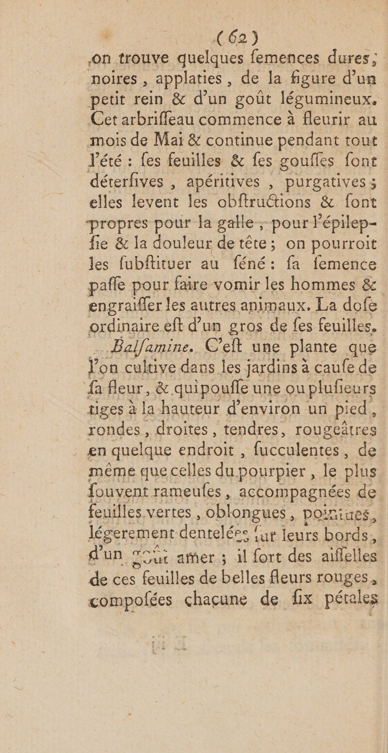 on trouve quelques femences dures; noires , applaties, de la figure d’un petit rein &amp; d’un goût légumineux. Cet arbriffeau commence à fleurir au mois de Mai &amp; continue pendant tout été : fes feuilles &amp; fes goufles font de ives , apéritives , purgatives 3 elles levent les obfiruétions &amp; font “propres pour Ja galle ; pour F épilep- fie &amp; la douleur detête; on pourroit les fubftituer au féné: fa femence pafñle pour faire vomir les hommes &amp; engraifler les autres animaux. La dofe ordinaire eft d’un gros de fes feuilles, -Balfamine. C’'eft une plante que Von cultive dans les jardins à caufe de fa fleur, &amp; quipouñle une ou plufieurs tiges à la hauteur d'environ un pied, rondes, droites, tendres, rougeâtres en quelque endroit , fucculentes , de même que celles du pourpier , le plus fouvent rameules , accompagnées de feuilles. vertes , oblongues poiniues, légerement denteléee e fit leurs bords, d'un er amer 3 il fort des aiflelles de ces feuilles de belles fleurs rouges, compofées chaçune de fix pétales