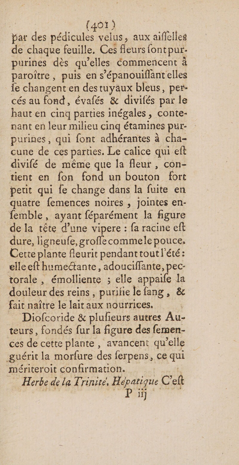 bar des pédicules velus, aux aiffelles de chaque feuille. Ces fleurs fontpur- purines dès qu’elles commencent à paroître, puis en s’épanouiflant elles _e changent en destuyäaux bleus, per- cés au fond, évafés &amp; divifés par le haut en cinq parties inégales, conte- nant en leur milieu cinq étamines pur- purines, qui font adhérantes à cha- cune de ces parties. Le calice qui eft divifé de même que la fleur, con- tient en fon fond un bouton fort peut qui fe change dans la fuite en quatre femences noires , Jointes en- femble, ayant féparément la figure de la tête d’une vipere : fa racine eft dure, ligneufe, groflecommele pouce, Cette plante fleurit pendant tout l'été: elleeft humectante, adouciffante, pec- torale , émolliente ; elle appaife la douleur des reins, purifie le fang, &amp; fait naître le lait aux nourrices. Diofcoride &amp; plufeurs autres Au- teurs, fondés fur la figure des femen- ces de cette plante , avancent qu’elle guérit la morfure des ferpens, ce qui mériteroit confirmation. Der Herbe de la Trinite, Hépatique C'elt F PS