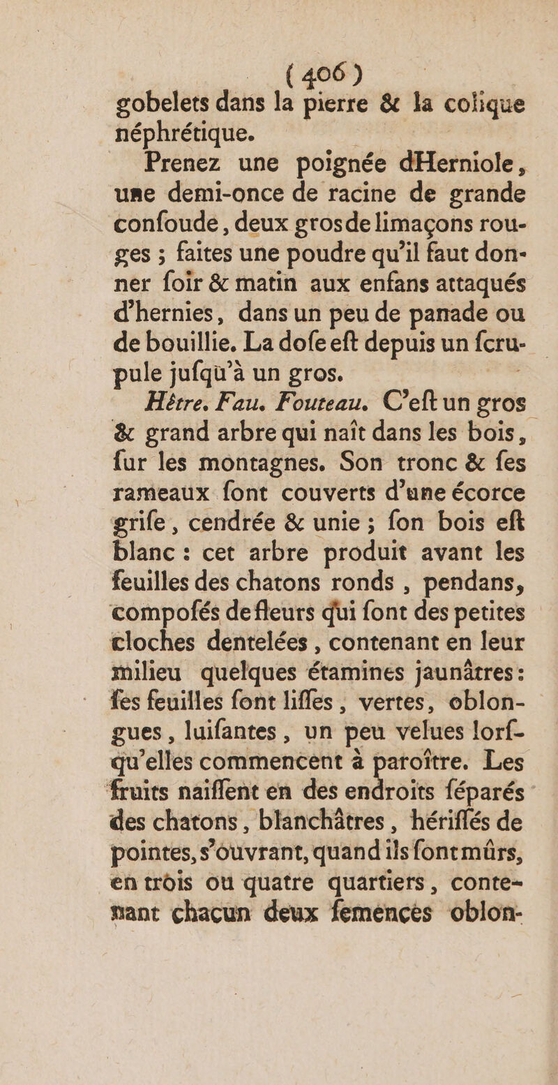 gobelets dans la pierre &amp; la colique néphrétique. Prenez une poignée dHerniole, use demi-once de racine de grande confoude , deux grosde limaçons rou- ges ; faites une poudre qu’il faut don- ner foir &amp; matin aux enfans attaqués d’hernies, dans un peu de panade ou de bouillie, La dofe eft depuis un fcru- pule jufqu’à un gros. Hêtre, Fau. Fouteau. C’eftun gros &amp; grand arbre qui naît dans les bois, fur les montagnes. Son tronc &amp; fes rameaux font couverts d’une écorce grife, cendrée &amp; unie ; fon bois eft blanc : cet arbre produit avant les feuilles des chatons ronds , pendans, compofés de fleurs qui font des petites cloches dentelées , contenant en leur milieu quelques étamines jaunâtres : fes feuilles font lifles , vertes, oblon- gues , luifantes, un peu velues lorf- qu’elles commencent à paroître. Les fruits naïflent en des aide is féparés des chatons, blanchâtres, hériflés de pointes, s’ouvrant, quand ils fontmärs, entrois ou quatre quartiers, conte- tant chacun deux femençés oblon-