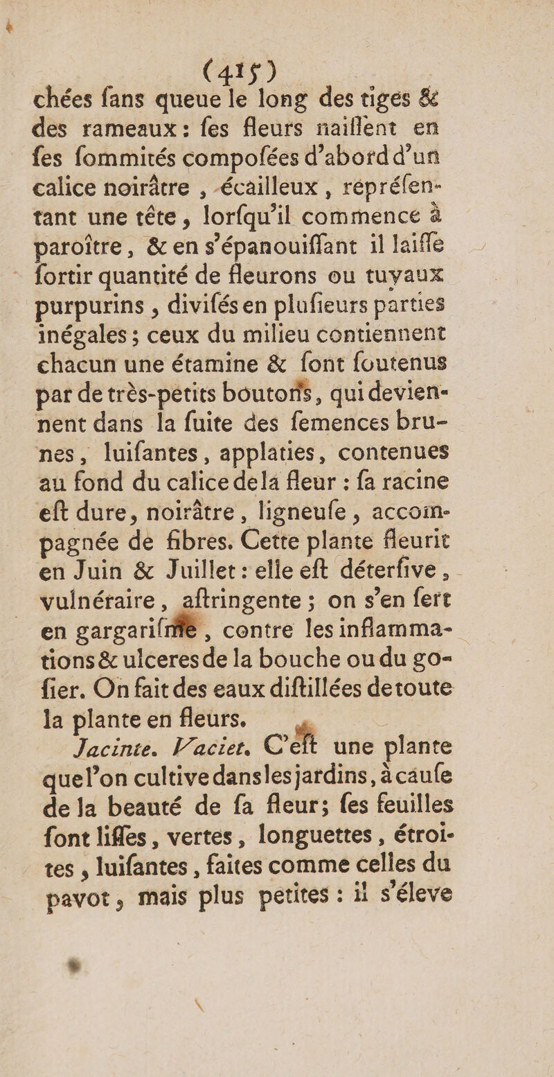 chées fans queue le long des tiges &amp; des rameaux : fes fleurs naillent en fes fommités compofées d’abord d’un calice noirâtre , écailleux , répréfen- tant une tête, lorfqu'il commence à paroître, &amp; en s’épanouiffant il laifle - fortir quantité de fleurons ou tuyaux purpurins , divifés en plufieurs parties inégales ; ceux du milieu contiennent chacun une étamine &amp; font foutenus par de très-pétits boutons, qui devien- nent dans la fuite des femences bru- nes, luifantes, applaties, contenues au fond du calice dela fleur : fa racine eft dure, noirâtre, ligneufe , accoin- pagnée de fibres. Cette plante fleurit en Juin &amp; Juillet : elle eft déterfive vuinétaire, aftringente ; on s’en fert en gargari(me , contre les inflamma- tions &amp; ulceres de la bouche ou du go- fier. On fait des eaux diftillées detoute la plante en fleurs. à | Jacinie. Vaciret, Cr une plante quel’on cultive danslesjardins, à caufe de Ja beauté de fa fleur; fes feuilles {ont lifles , vertes, longuettes, étrol- tes , luifantes , faites comme celles du pavot, mais plus petites : il s’éleve