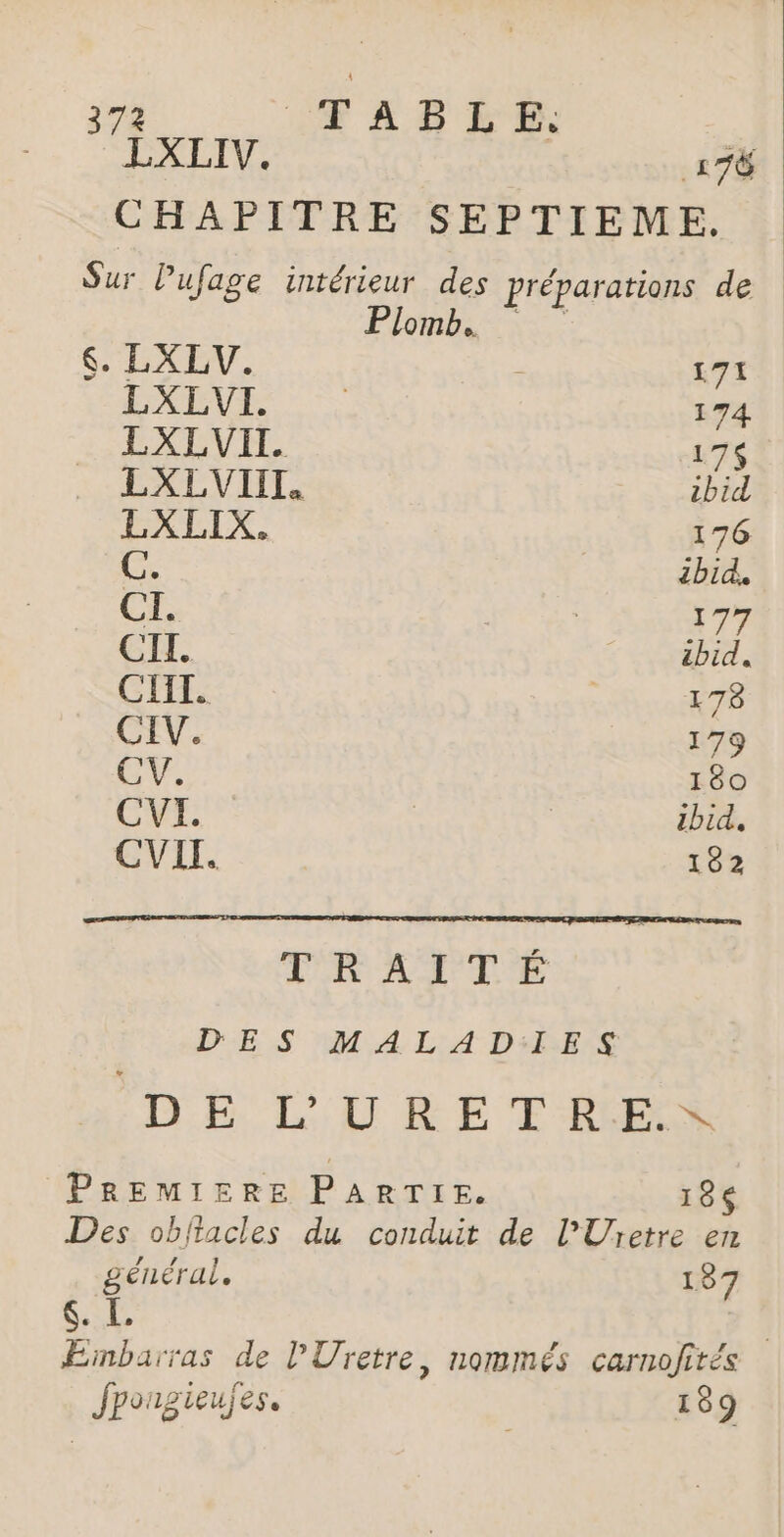 LXLIV. 178 CHAPITRE SEPTIEME, Sur Pufage intérieur des préparations de lomb.. 6. LXLV. ; 171 LXEVE 174 LXLVIT. 17$ LXLVIIT. ibid LXLIX. 176 C. ibid, CI. | 177 CII. ibid. CT. | 178 CEV. 179 CV, 180 CVI. ibid. CVIT. 182 TRAITÉ DES MALADIES DE L'URE € REX PREMIERE PARTIE. 18 Des objiacles du conduit de l’Uretre en général, 187 LAN à | Einbarras de PUretre, nommés carnojirés Jpongieujes. 189