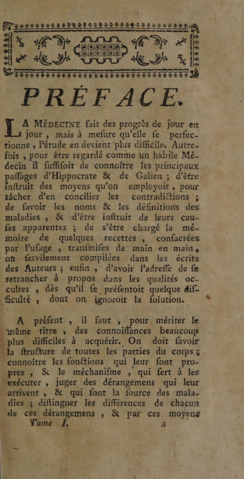 Eratss nernerantenennneeetes ENT LE Mt YU CR PRÉFACE. A MÉDECINE fait des progrès de jour en jour , mais à mefure qu'elle fe perfec- tionne ; l'étude en devient plus difficile. Autre- fois , pour être régardé comme un häbile Mé… decin il fufifoit de connoître Îes principaux pañfages d'Hippocrate & de Galien ; d’être inftruit des moyens qu’on employoit, pour tâcher d’en- concilier les contradi®tions ; de favoir les noms & les définitions des maladies ; & ‘d’être inftruit de leurs çau- fes apparentes ; de s’être chargé la mé moire de quelques recettes ». confacrées par Vufage , tranfmiles de main en main x on fervilement compilées dans les écrits des Auteurs ; enfin ,; d’avoir l’adreffe de fe retrancher à propos dans les qualités oc- cultes , dès qu’il fe préfentoit quelque dif- ficulté ; dont on jgnoroit la folution. A préfent ; il faut , pour mériter le. prème titre ; des connoifflances beaucoup - plus difficiles à acquérir. On doit favoir Fa ftruture de toutes les parties du corps ; connoître les fonétions qui leur font pro- pres , & le méchanifme , qui fert à les exécuter , juger des dérangemens qui leur » arrivent , & qui font la fource des mala- dies ; diftinguer les différences de chacun de ces dérangemens ; & par ces moyens i se 1, à