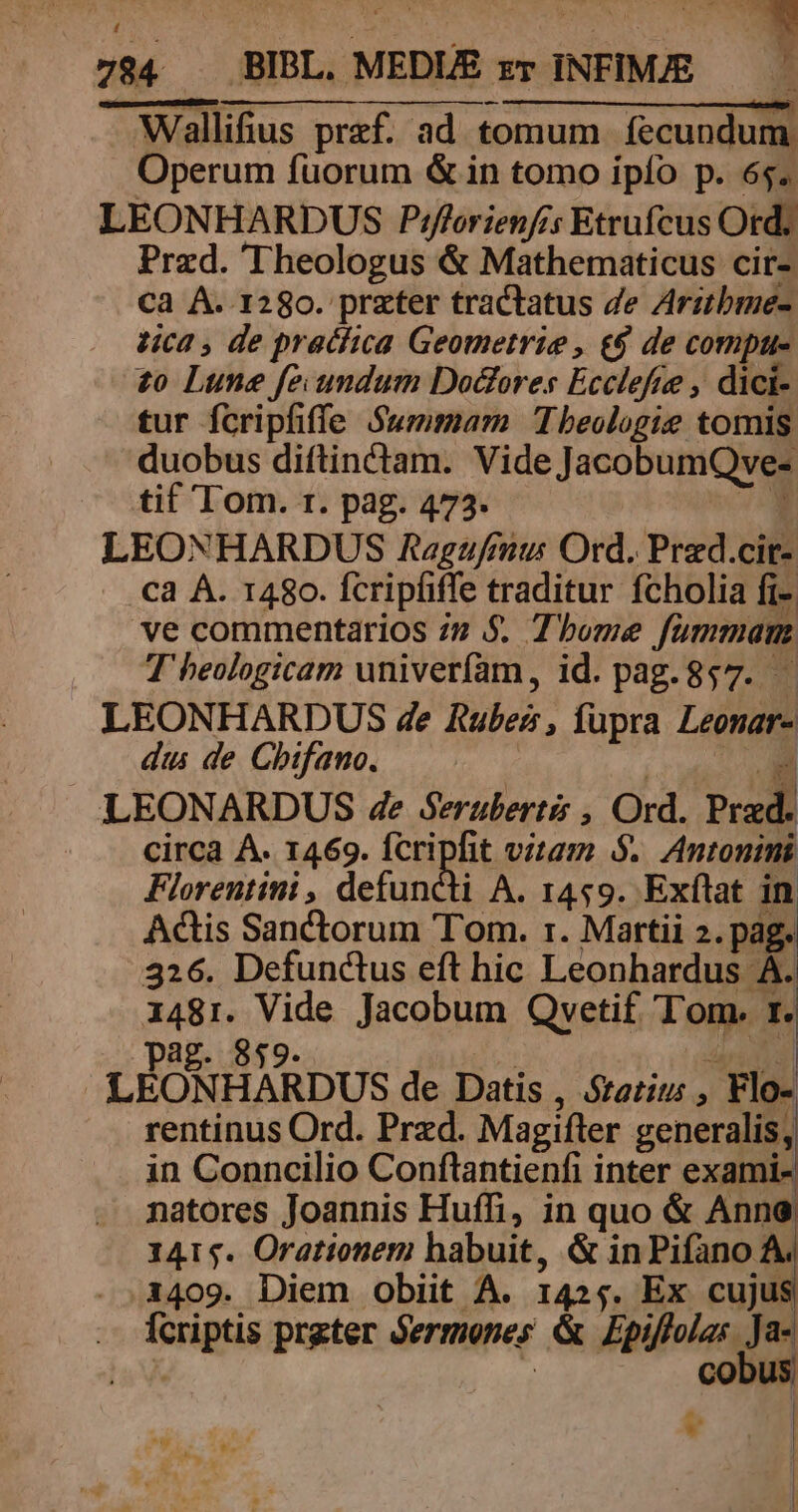 atim— lI MM M - Wallifius przf. ad tomum. fecundum Operum fuorum &amp; in tomo ipfo p. 65. LEONHARDUS P/fforienfis Etrufcus Ord; Przd. Theologus &amp; Mathematicus cir- Ca A. 1280. prater tractatus de Aritbme- ca , de pracfica Geometrie , e$ de Copt to Lune fe. umdum Dodfores Ecclefie , dici- tur fcripfiffe Summam Tbeologie tomis duobus diftinctam. Meet e tif Tom. t. pag. 473. LEONHARDUS Aagufmu: Ord. Przd.cit- ca A. 1480. fcripfiffe traditur fcholia fi- ve commentarios 22 $. Thome fummam T heologicam univerfam, id. pag. 857. - LEONHARDUS de Rubeis, fupra Leonar- dus de Chifano. LEONARDUS de Seruberti , Ord. Prad. circa A. 1469. fcripfit vitam 5$. Antonini Florentini , defuncti A. 1459. Exflat in Adis Sanctorum Tom. r. Mattii 2. pag. 326. Defunctus eft hic Leonhardus À. 1481. Vide Jacobum Qvetif. Tom. r | LEONHARDUS de Datis , Statius , ^ Flo rentinus Ord. Praed. Magifter generalis, in Conncilio Conftantienfi inter exami- natores Joannis Huffi, in quo &amp; Anne 1415. Orationem babuit, &amp; in Pifano A. 1409. Diem obiit A. 1425. Ex cujus Ícriptis prgter Sermones &amp; Piscine. J ius cobus :