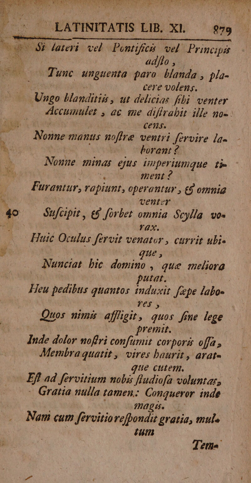 gy j * . LATINITATIS LIB. XL ^ $79 adfdo ,. Tunc unguenta paro. blanda , pla- | * cere volens. Ungo blanditiis , ut delicias fibi venter Accumulet , ac me difirabit ille na-. : cens. Nonne manus noffre ventri fervire [a- | horent 2 Noune minas ejus unperiumque ti- mau ment ? Furantur, rapiunt, operentur , € omnia : ^ VEDUt?Y Safcipit , &amp;&amp; [orbet omnia Scylla. vo« | ax. D Huic Oculus fervit venator , currit ubi- * que, Nunciat bic domino , que meliora US putat. Bul Heu pedibus quantos induxit. fepe labos Fes, | Quos nima affüigit, quos fime lege premit. Inde dolor noffri confumit corpora offa, Membra quatit ,' vires baurit , arat- que cutem. - Gratia nulla tamen: Conqueror inde Y; Hag. Nam cum fervitiorefpoudit gratia, muls h tum Totus