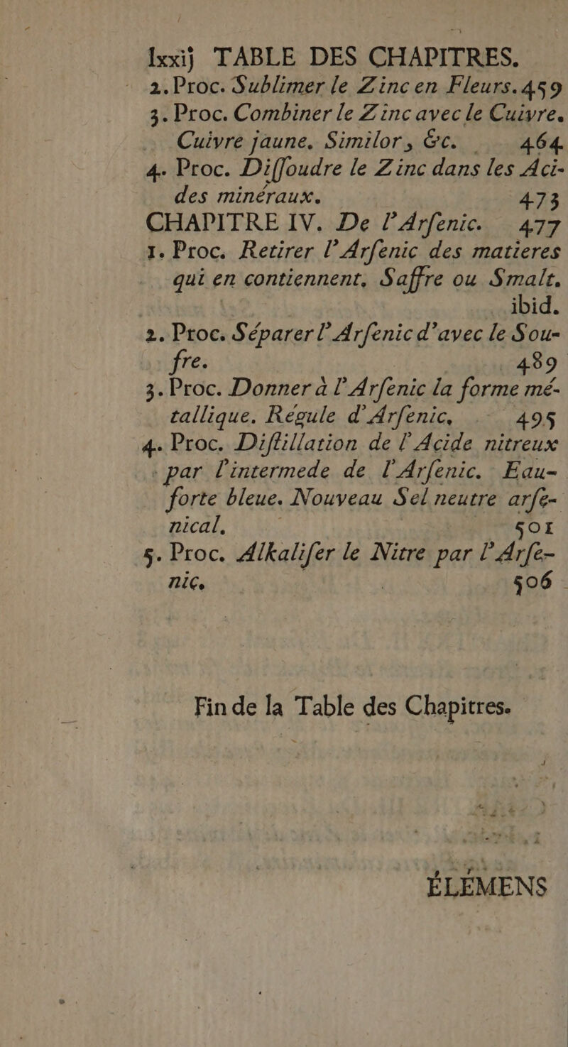 Ixxij TABLE DES CHAPITRES. - 2.Proc. Sublimer le Zinc en Fleurs. 459 3. Proc. Combiner le Zinc avec le Cuivre. Cuivre jaune. Similor, &amp;c. 464 4- Proc. Diffoudre le Zinc dans les Aci- des minéraux. 473 CHAPITRE IV. De l’Arfenic 477 1. Proc. Retirer l’Arfenic des matieres qui en contiennent, Saffre ou Smalt. ibid. 2. Proc. Séparer lArfenic d’avec le Sou- fre. 489 3. Proc. Donner à l Arfenic la forme mé- tallique. Regule d’Arfenic, 495 4. Proc. Diflillation de | Acide nitreux . par l'intermede de l’Arfenic. Eau- forte bleue. Nouveau Sel neutre “de nical, 5. Proc. Alkalifer le Nitre par l DE 506 IC, Fin de la Table des Chapitres. ÉLÉMENS