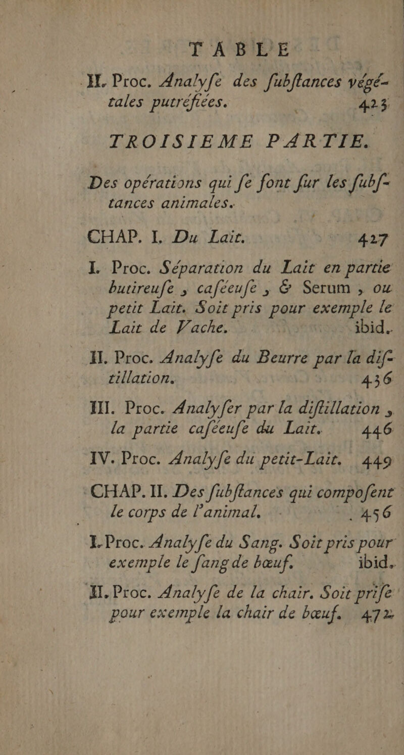 EL Proc. Analyfe des fubftances végé | tales putréfiées. 423 TROISIEME PARTIE. Des opérations qui fe font fur les [ubf- Lances animales. CHAP, I. Du Lair, 427 L. Proc. Séparation du Lait en partie butireufe À caféeufe ; &amp; Serum , 04 petit Lair. Soit pris pour exemple le Lait de Vache. | ibid. IT. Proc. Analyfe du Beurre par la dif- tillation. 436 HI. Proc. Analyfer par la diflillation , la partie caféeufe du Lai. 446 IV. Proc. Analyf[e du petit-Lait. 449 CHAP. IT. Des fubffances qui compofent le corps de l’animal, 456 L Proc. Analyf[e du Sang. Soit pris pour exemple le fang de bœuf. ibid, A. Proc. Analyfe de la chair. Soit prife pour exemple la chair de bœuf. 472