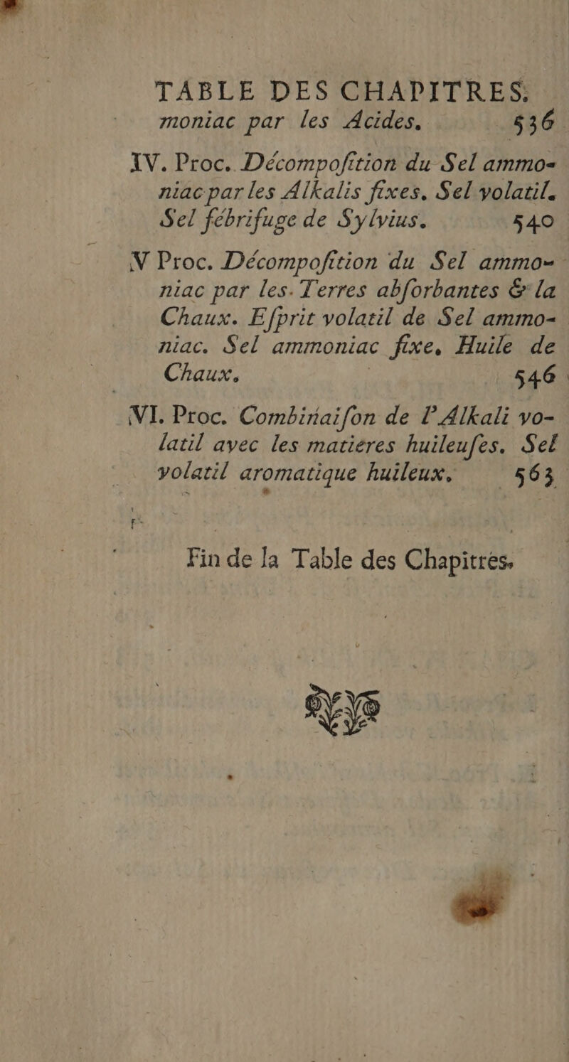 TABLE DES CHAPITRES, moniac par les Acides. 536 IV. Proc. Décompofition du Sel ammo= niac par les Alkalis fixes. Sel volatil. Sel fébrifuge de Sylvius. 540 V Proc. Décompoñfition du Sel ammo- niac par les. Terres abforbantes &amp;'la Chaux. Efprit volatil de Sel ammo- niac. Sel ammoniac c fixe, Huile de Chaux. 546 : VI. Proc. Combiriai[on de P AlKali vo- latil avec les matieres huileufes. Sel volatil aromatique huileux, 563. Fin de Ja Table des Chapitres. Ye
