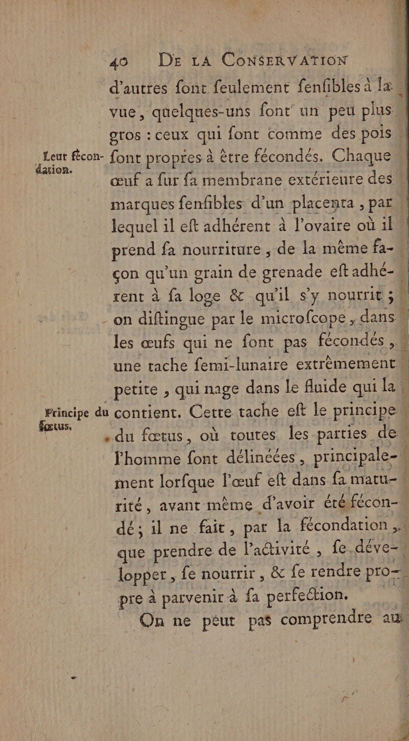 d’autres font feulement fenfibles à la. vue , quelques- uns font’ un peu plus OTOS : CEUX qui font comme des pois, par fécon- font propres à être fécondés. Chaque œuf a fur fa membrane extérieure des marques fenfibles d’un placenta , par è lequel il eft adhérent à l'ovaire où il prend fa nourriture , de la mème fa-# çon qu’un grain de grenade eftadhée- | rent à fa loge &amp; qu'il s’y nourrit; $ - on diftingue par le microfcope , dans les œufs qui ne font pas fécondés , : une tache femi-lunaire extrèmement petite , qui nage dans le fuide qui la prriaire du contient. Cette tache eft le principew QŒLUS, Tr 4 . du fœtus, où toutes les parties deu l'homme font délinétes, principale-W ment lorfque l'œuf eft dans fa matu- rité, avant même d’avoir étéfécon- dé; il ne fait, par la fécondation que prendre de l’adivité , fe. déve, lopper; fe nourrir, &amp; fe rendre pros pre à parvenir à fa perfection. On ne péut pas CC aus